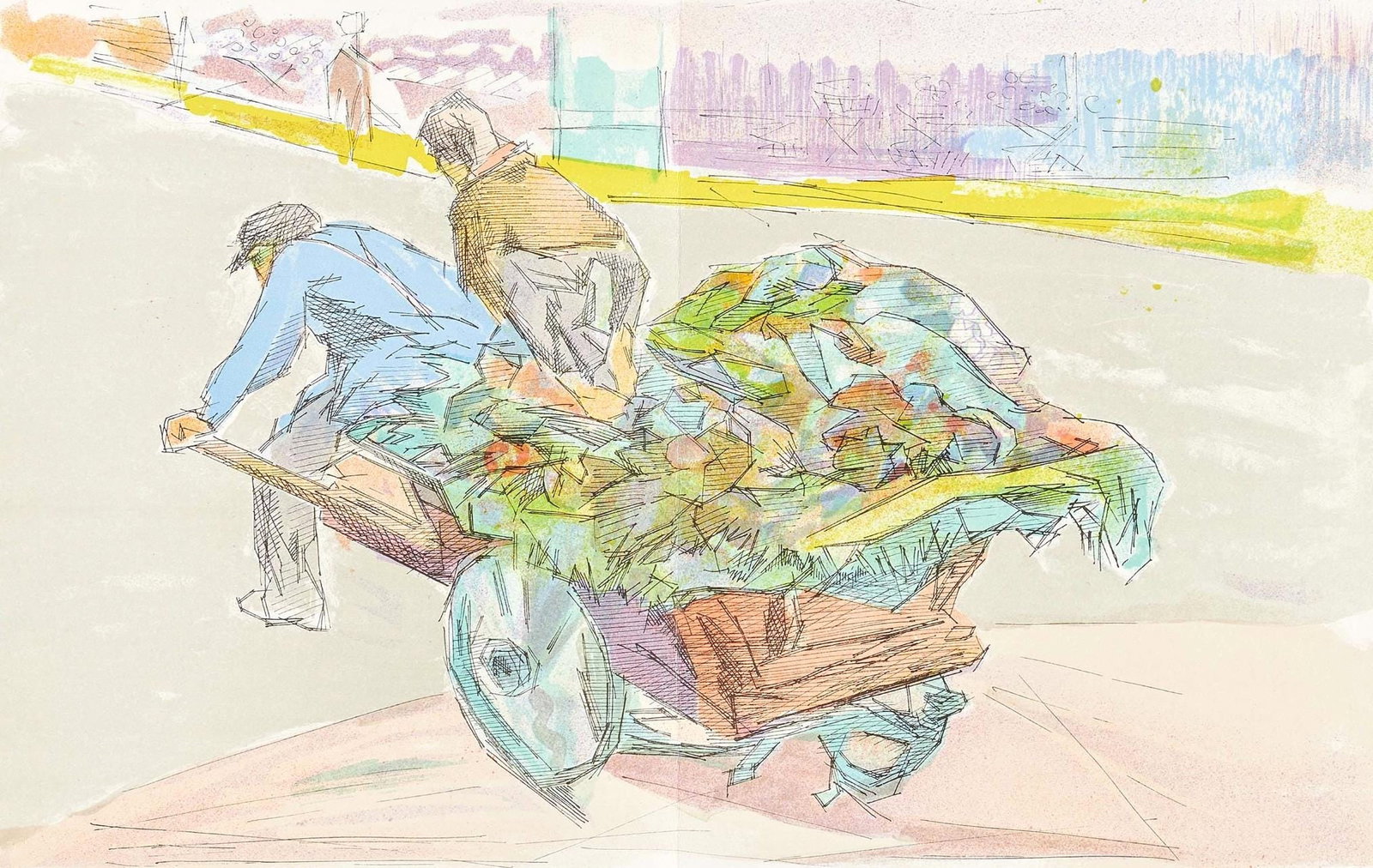 Jacques Villon, Marchands Quatres Saisons, Regards sur Paris, Limited Edition Lithograph: Lithograph on velin d'Arches paper. Paper size: 15.5 x 24 inches. Excellent condition, with centerfold, as issued. Inscription: unsigned and unnumbered, as issued. Notes: from the folio, Regards sur P