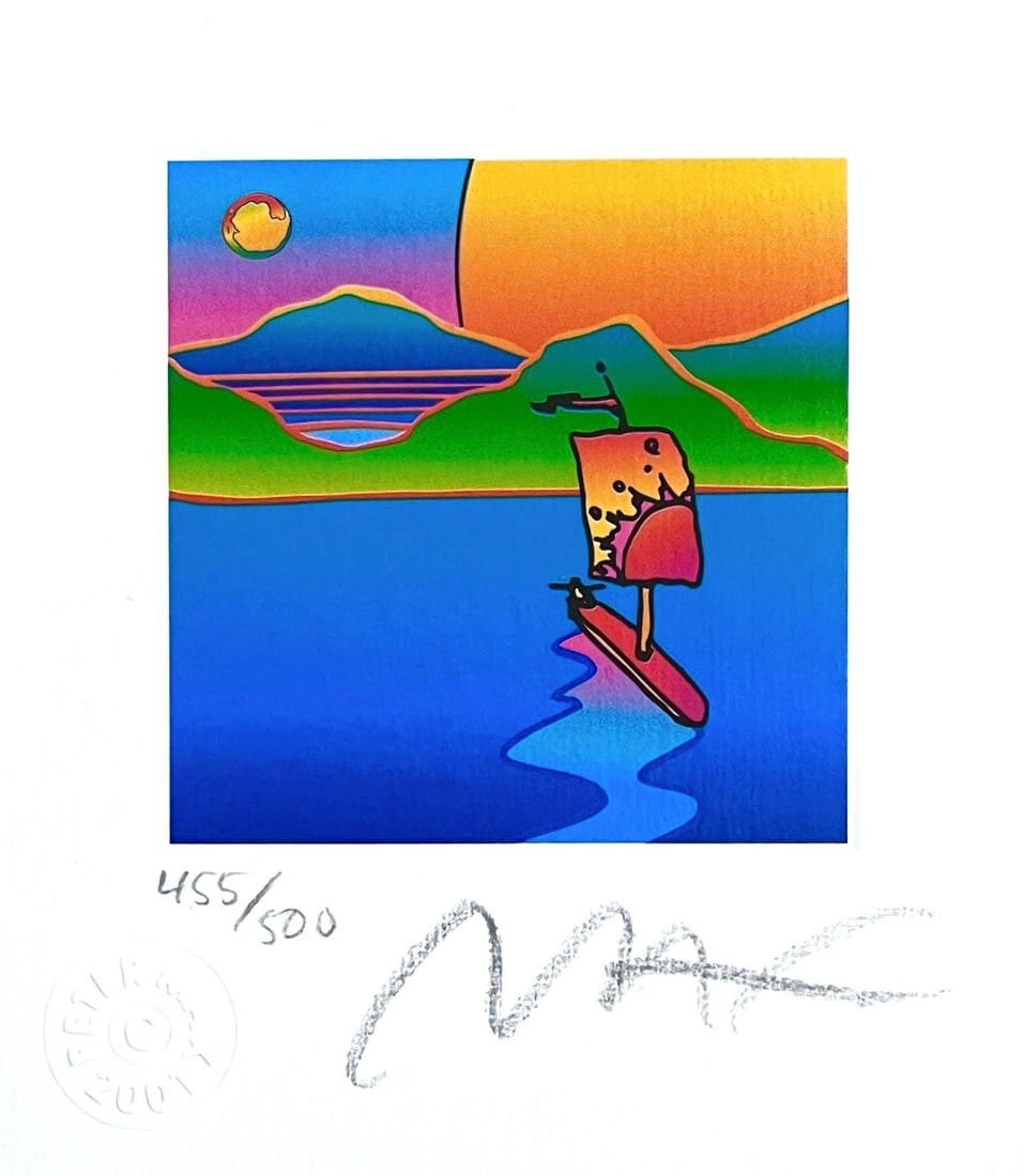 Peter Max, Sailboat with Sun and Moon, Hand Signed, Official Limited Edition Lithograph: Lithograph in colors on Lustro Saxony paper. Paper size: 3.5 x 3 inches. Inscription: Hand signed by Peter Max and numbered, as issued. Condition: Excellent. Notes: Published and printed by Via Max, I