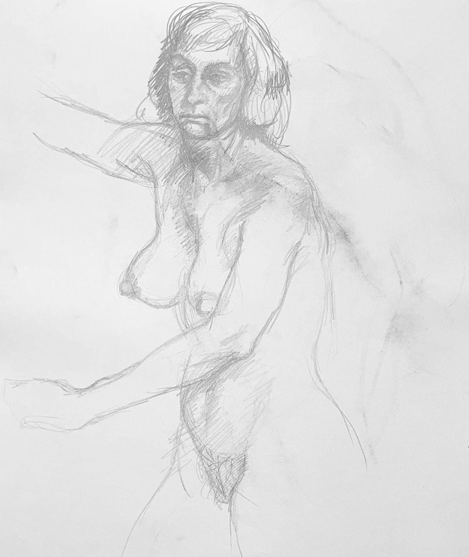 Ian Hornak, Renaissance Female Nude Figure Study, 1963, Original Drawing: Graphite on velin paper, circa 1963. Paper Size: 23 x 18 inches. Good condition, consistent with age. Inscription: Unsigned, Estate stamped, verso. Provenance: Estate of Ian Hornak, East Hampton. Note
