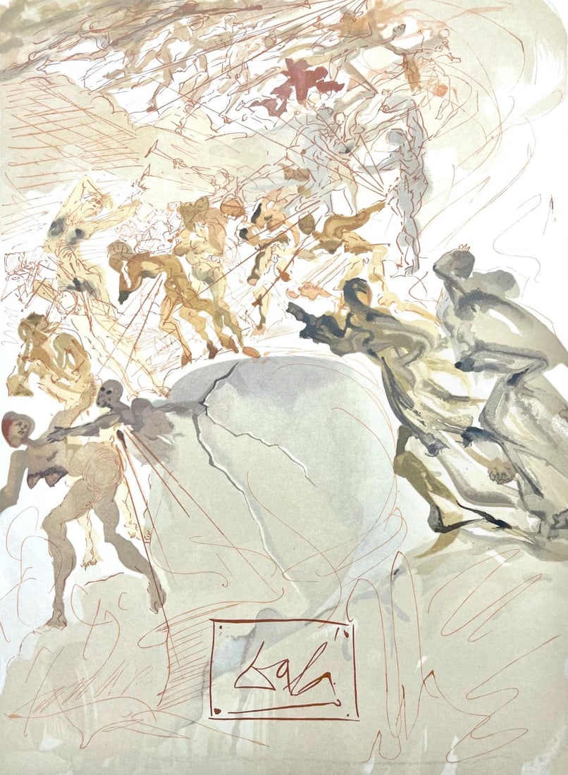 Salvador Dali, Fegefeuer XXV (Michler/Lopsinger 1039-1138; Field 189-200), Die Gottliche Komodie,: Woodcut in colors on velin de Rives BFK paper, mounted on velin d'Arches support, as issued. Paper size: 13 x 10.375 inches. Inscription: Signed in the block, and unnumbered, as issued. Catalogue rais