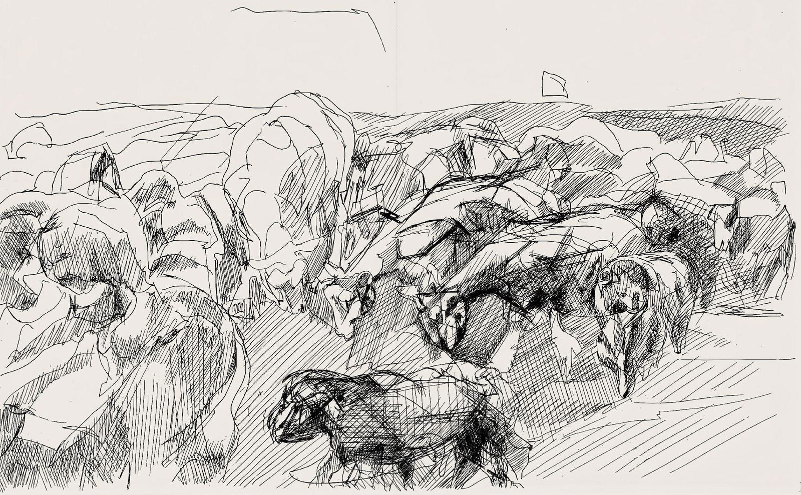 Jacques Villon, Composition (Ginestet/Pouillon 42-64), Hesiode, Les Travaux et les Jours, Limited: Etching on velin de Rives paper. Paper size: 15.75 x 24 inches. Excellent condition, with centerfold, as issued. Unsigned and unnumbered, as issued. Notes: From the folio, Hesiode, Les Travaux et les