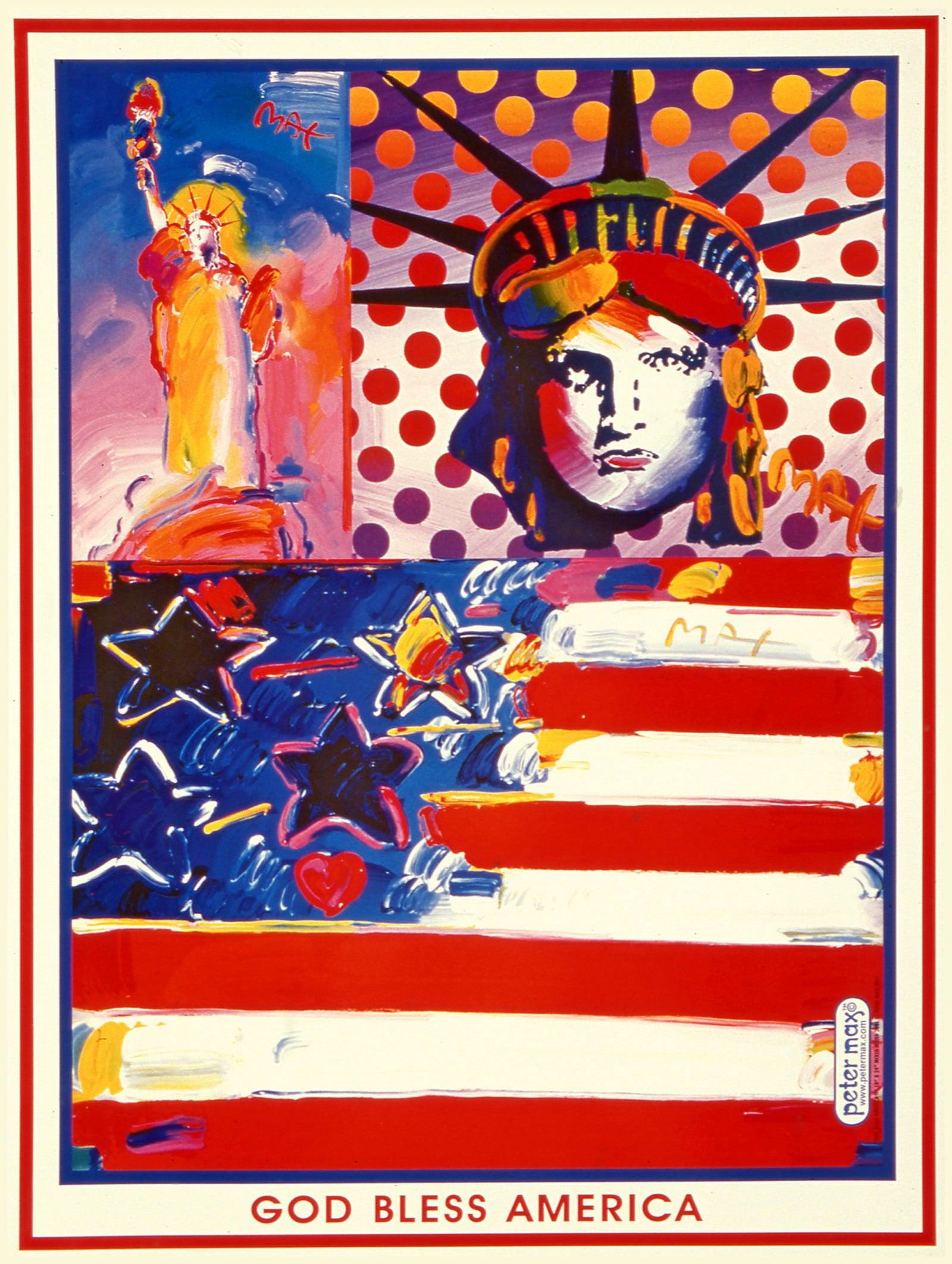 Peter Max, God Bless America, 2001, Hand Signed, Official Edition Offset Lithograph: Offset lithograph in colors on gloss archival paper. Paper size: 24 x 18 inches. Inscription: Hand signed by Peter Max in ink and unnumbered, as issued. Condition: Excellent. Notes: Published and prin