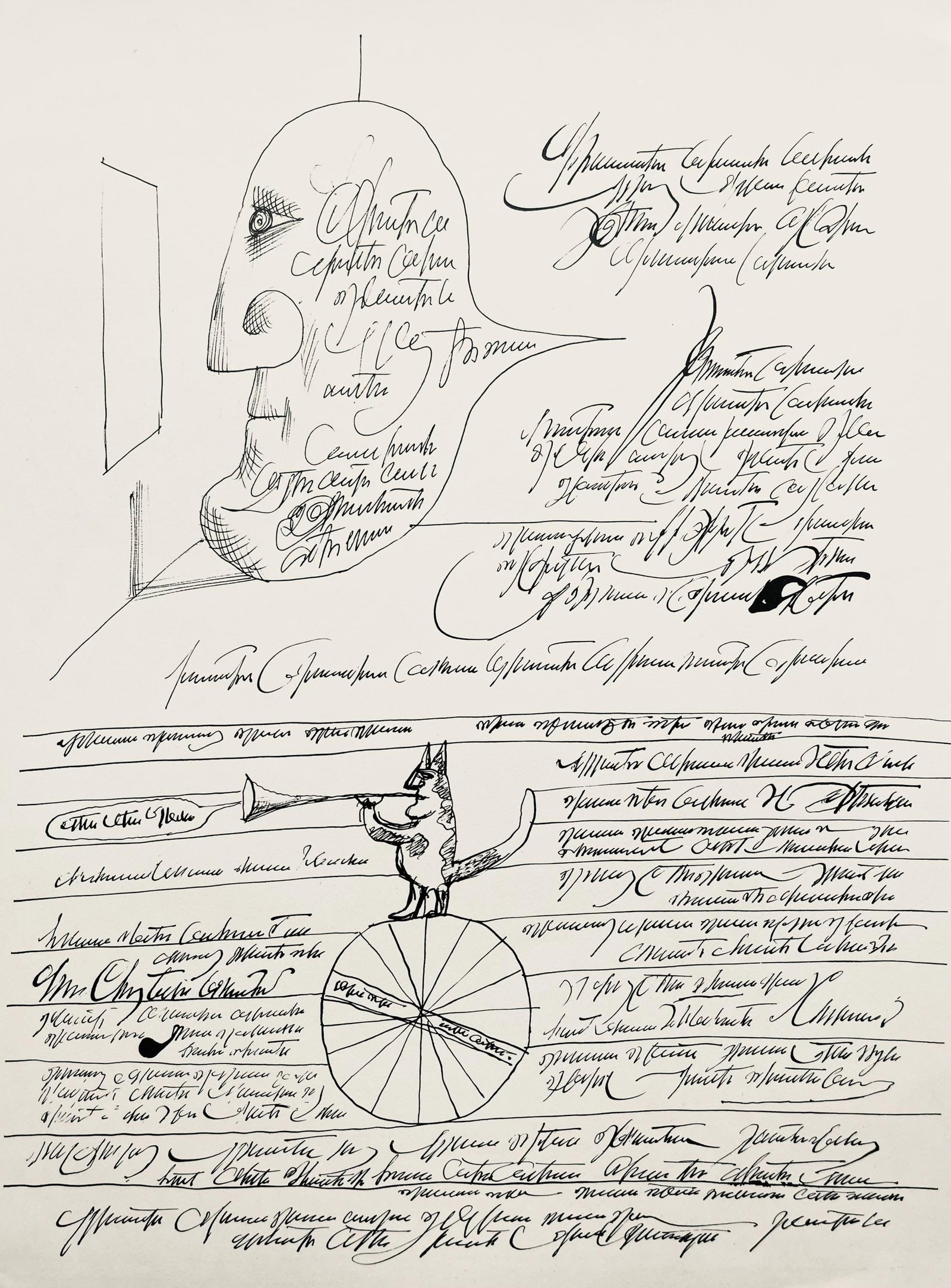 Saul Steinberg, Composition, Derriere le miroir, Limited Edition Lithograph: Lithograph on velin paper. Paper Size: 15 x 11 inches. Excellent condition. Inscription: Unsigned and unnumbered, as issued. Notes: From Derriere le miroir, N deg 157, 1966. Published by Aime Maeght,