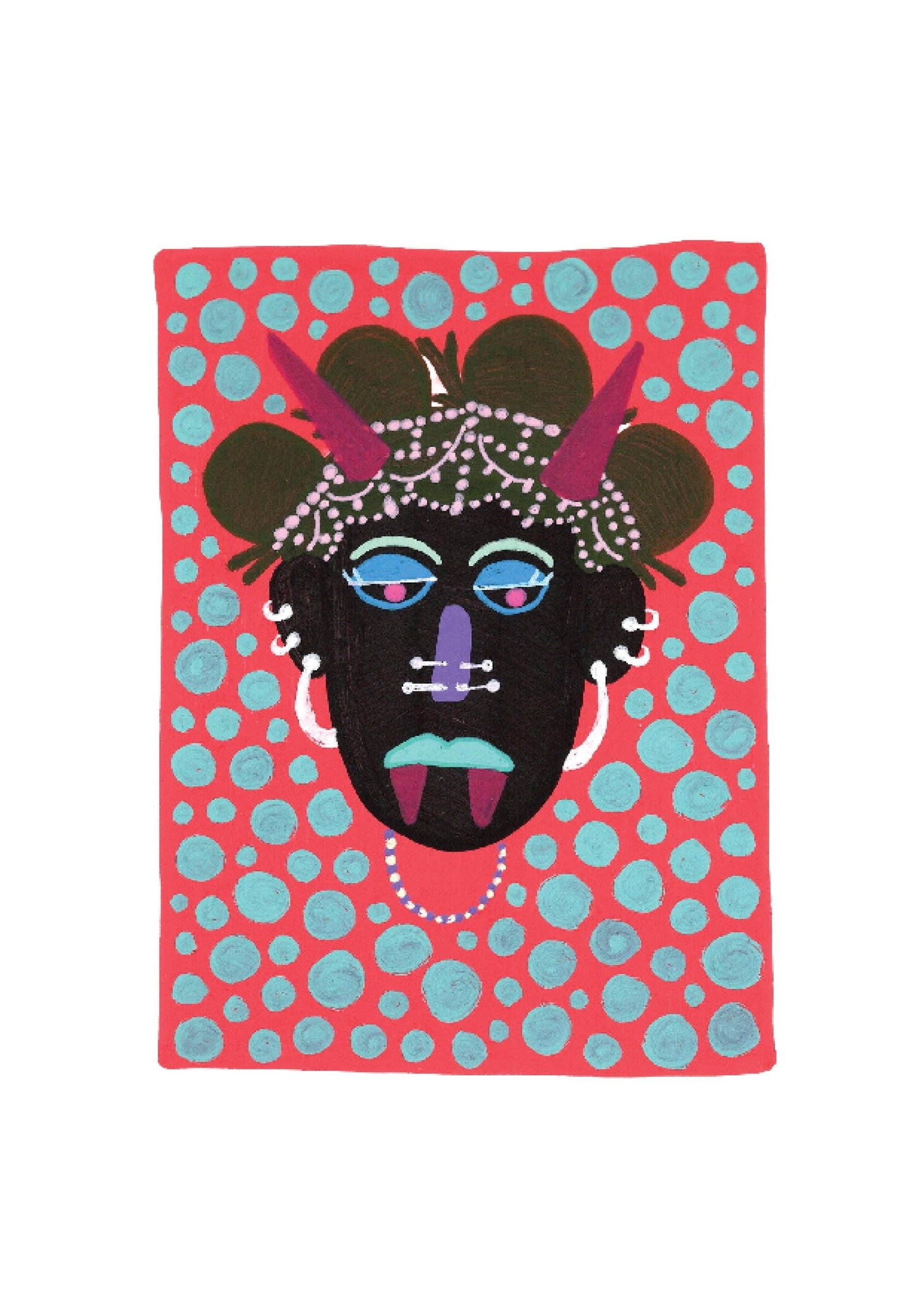 Evil Eye Mask 23: Inspired by the South Indian Drishti Bommai mask; a protective talisman traditionally represented as a doll; this artwork draws from a visual language widely seen across South India. These figures are