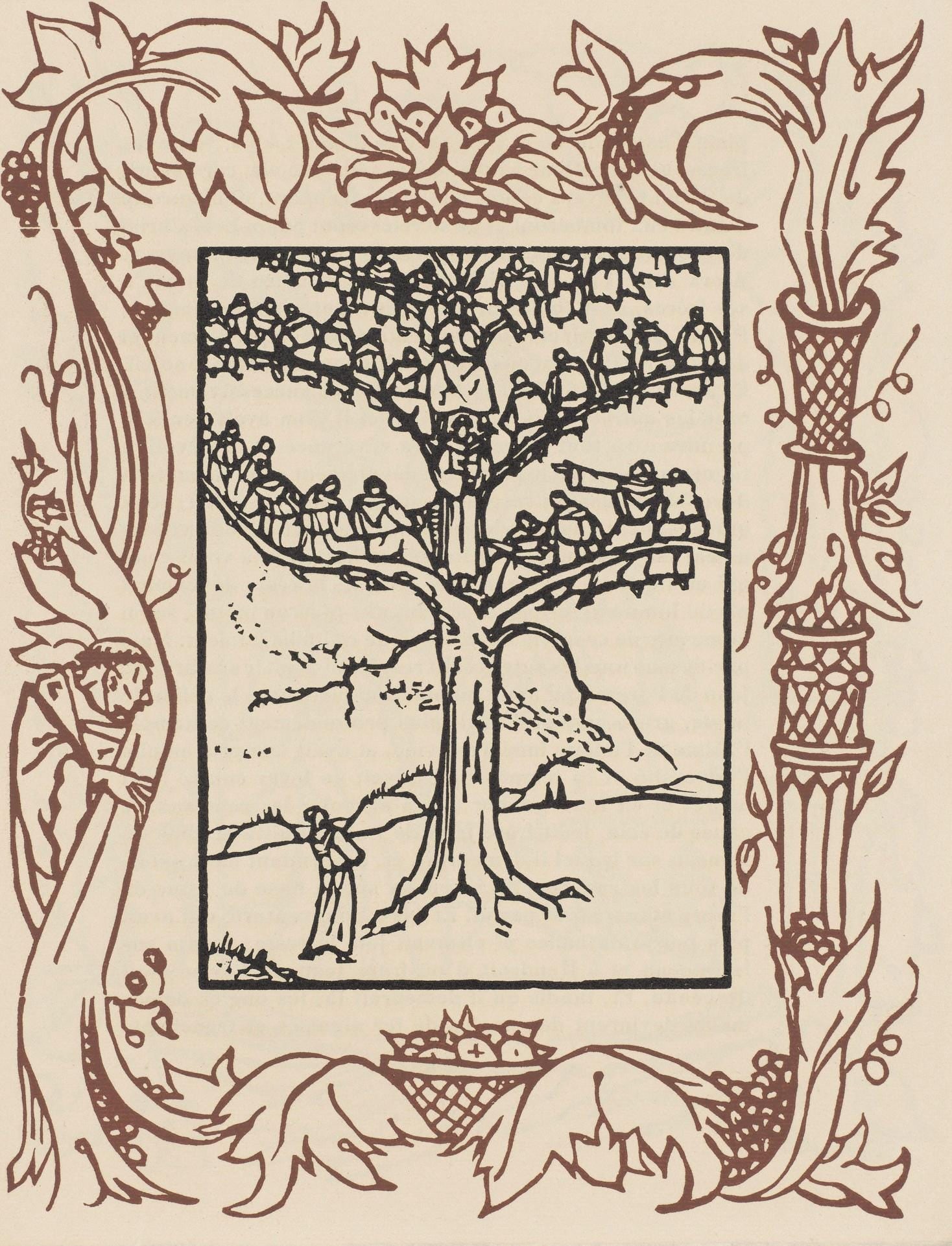 Emile Bernard, Composition (Morane, No. 100), Les Petites Fleurs de St. Francoise, Limited Edition: Wood engraving on verge d'Arches paper. Paper size: 12.8125 x 9.8125 inches. Excellent condition. Unsigned and unnumbered, as issued. Notes: From the volume, Les Petites Fleurs de St. Francois, 1928.