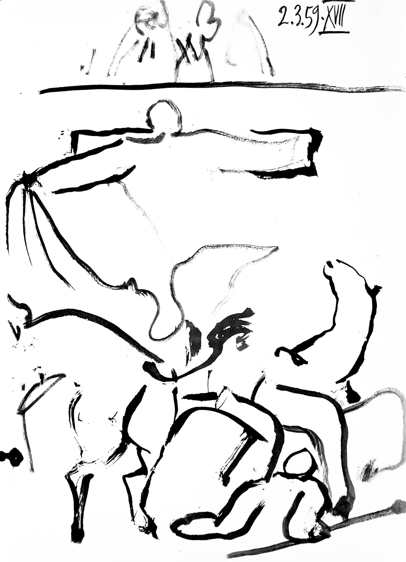 Pablo Picasso, Composition (Bloch 1276; Czwiklitzer 23), Toros y Toreros, Limited Edition Lithograph: Heliogravure on velin paper. Paper Size: 14.75 x 10.5 inches. Inscription: Unsigned and unnumbered, as issued. Notes: From the album, Pablo Picasso, Toros y toreros, 1961. Published by Les Editions Ce
