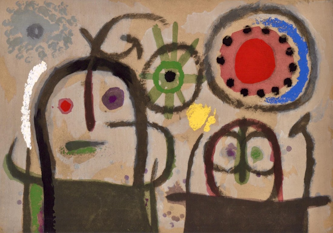 Joan Miro, Composition (Cramer 103; Mourlot 382-383), Miro Cartones 1956-1965, Limited Edition: Lithograph and stencil on velin paper. Paper size: 8.625 x 12.25 inches. Excellent condition. Inscription: Unsigned and unnumbered, as issued. Notes: From the album, Miro: Cartones, 1959-1965, October