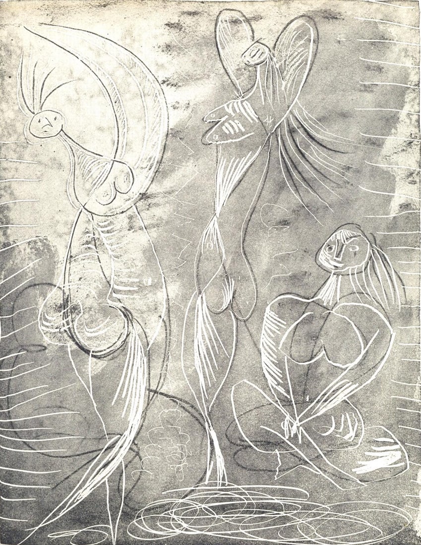 Pablo Picasso, Femme assise et deux danseuses (Bloch 361a-e; Baer 683-688; Cramer 38), La: Engraving and Zincograph on velin Lafuma-Navarre paper. Paper size: 11 x 9.125 inches. Excellent condition. Unsigned and unnumbered, as issued. Notes: From the album, La Chevre-Feuille, 1943.