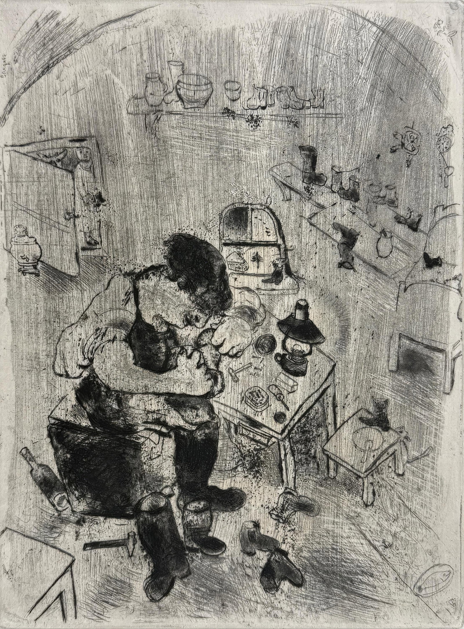 Marc Chagall, Maxime Teliatnikov, Shoemaker, from Dead Souls, Limited Edition Etching, 1923-1927: This exquisite etching by Marc Chagall (1887-1985), titled Maxime Teliatnikov, savetier (Maxime Teliatnikov, Shoemaker), originates from the celebrated folio Nicolas Gogol, Les Ames mortes,