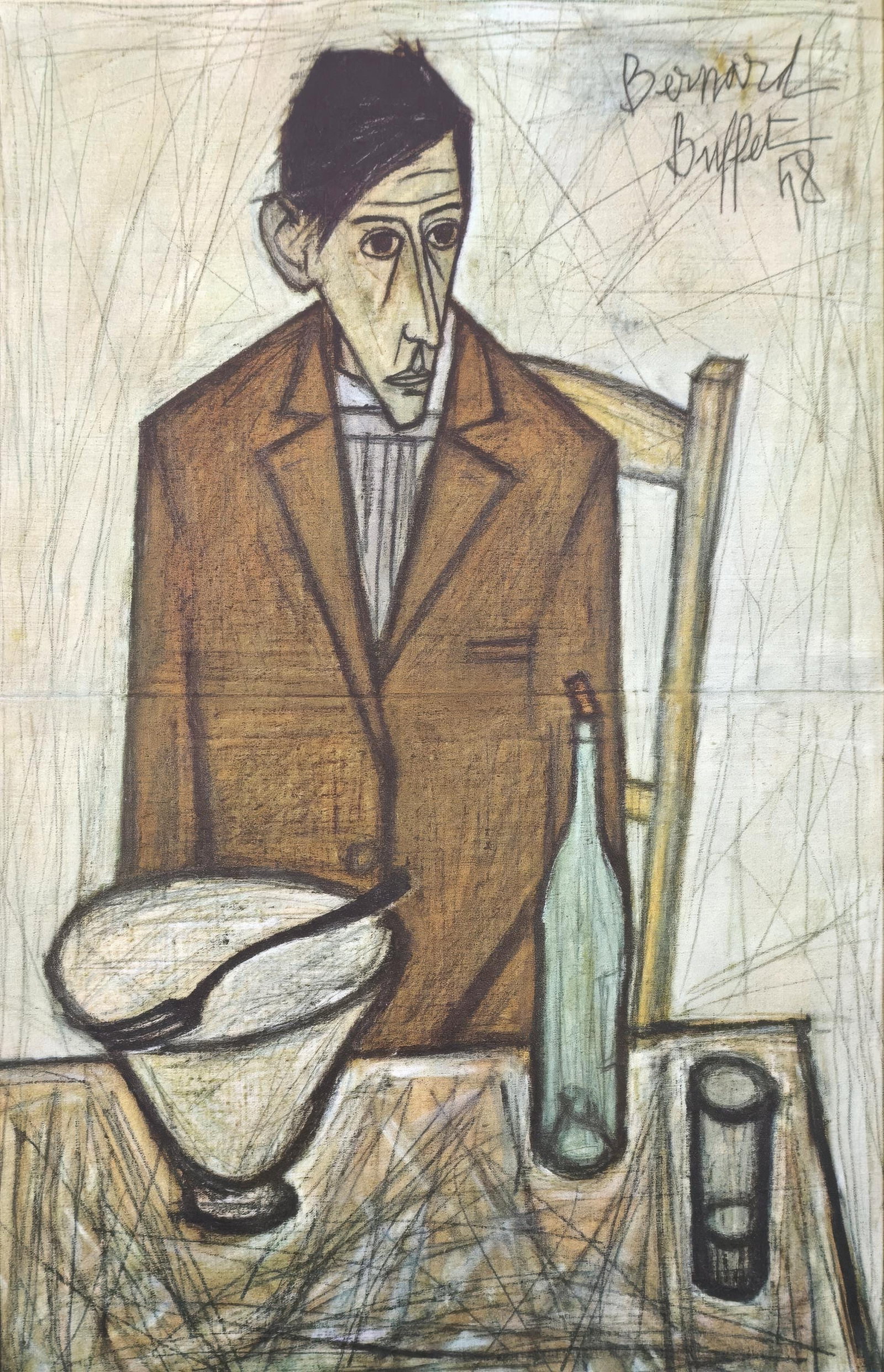 Bernard Buffet, The Seated Drinker, from Painters of Today, Limited Edition Heliogravure, 1966: This exquisite heliogravure by Bernard Buffet (1928-1999), titled Le Buveur assis (The Seated Drinker), from the folio Bernard Buffet, Peintres d'aujourd'hui (Bernard Buffet, Painters of Today), origi