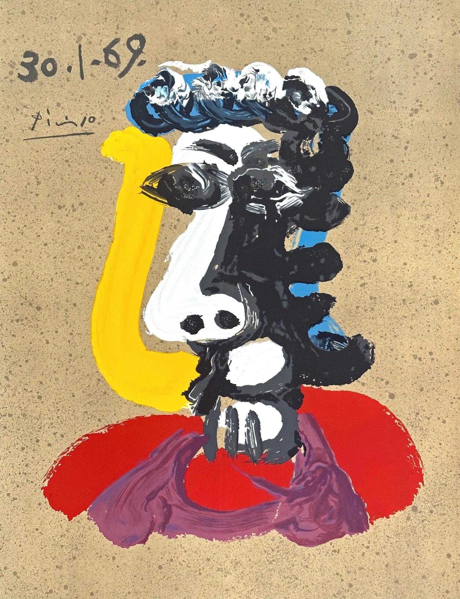 Pablo Picasso, Composition (Orozco 207-261), Vingt-Neuf Portraits Imaginaires, Limited Edition: Lithograph on velin d'Arches paper. Paper size: 25.75 x 19.625 inches. Excellent condition. Signed in the plate, as issued. Notes: From the folio, Picasso, Vingt-Neuf Portraits Imaginaires, 1969. Publ