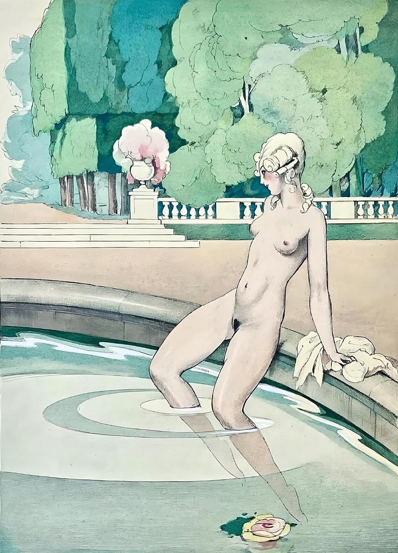 Umberto Brunelleschi, Composition, La Lecon d'amour dans un parc, Limited Edition Lithograph: Lithograph and stencil on velin d'Arches paper. Paper size: 13.11 x 10.039 inches. Excellent condition. Unsigned and unnumbered, as issued. Notes: From the volume, La Lecon d'amour dans un parc, 1933.