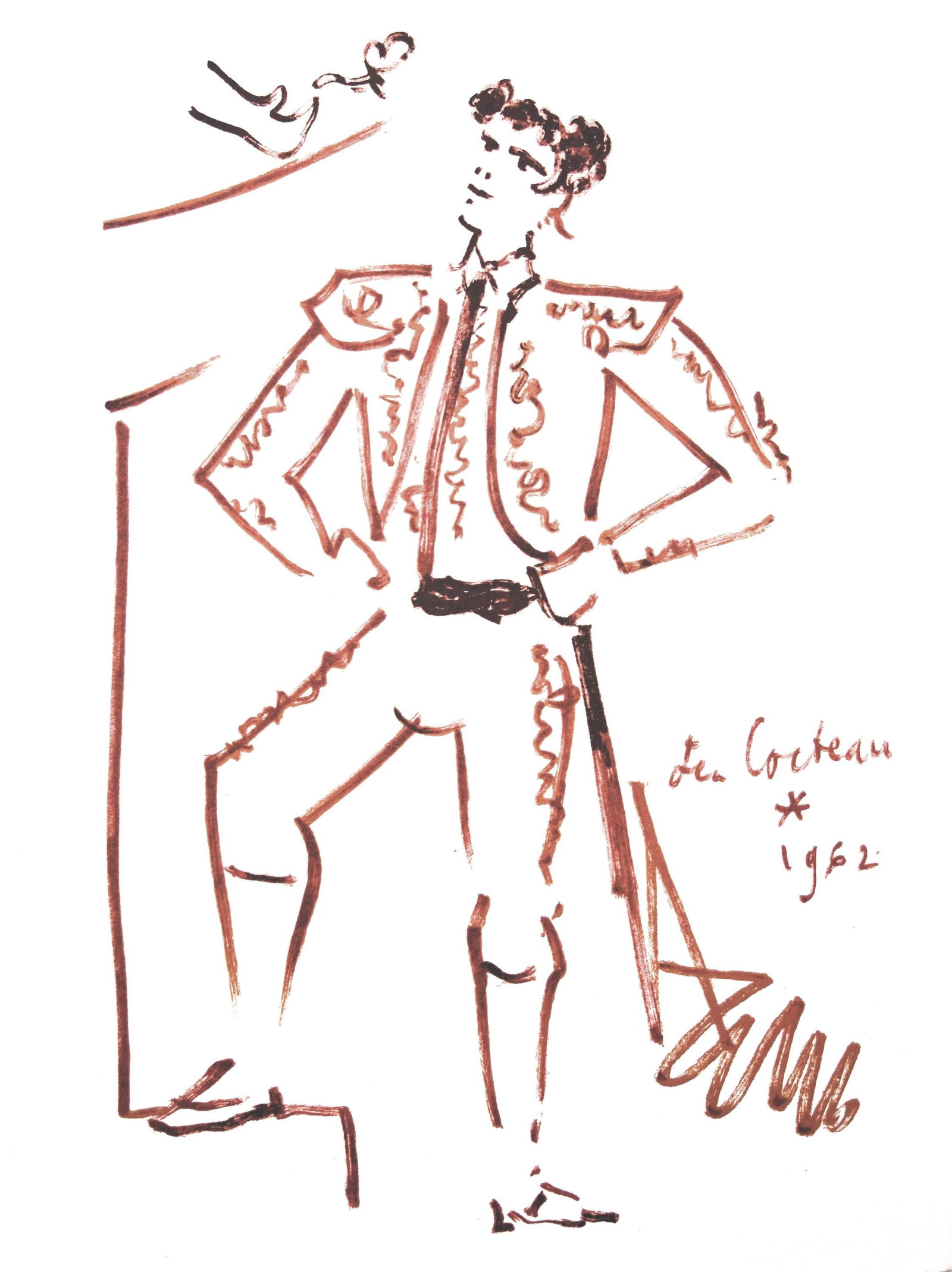Jean Cocteau, L'œillet de la provocation, Taureaux, Lithographies de Jean Cocteau, Limited Edition: Lithograph on velin de Rives paper. Paper Size: 15 x 11 inches. Inscription: Signed in the plate and unnumbered, as issued. Condition: Very good/excellent, consistent with age. Notes: From the folio,