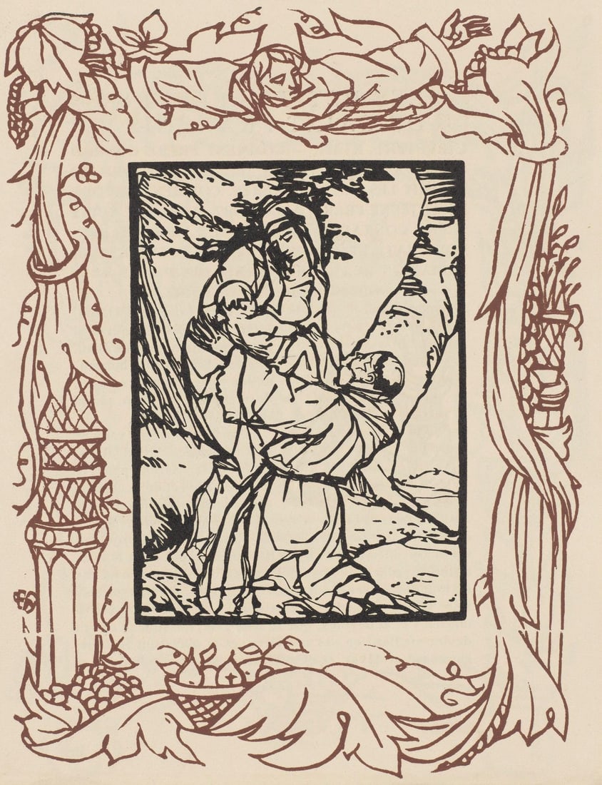 Emile Bernard, Composition (Morane, No. 100), Les Petites Fleurs de St. Francoise, Limited Edition: Wood engraving on verge d'Arches paper. Paper size: 12.8125 x 9.8125 inches. Excellent condition. Unsigned and unnumbered, as issued. Notes: From the volume, Les Petites Fleurs de St. Francois, 1928.