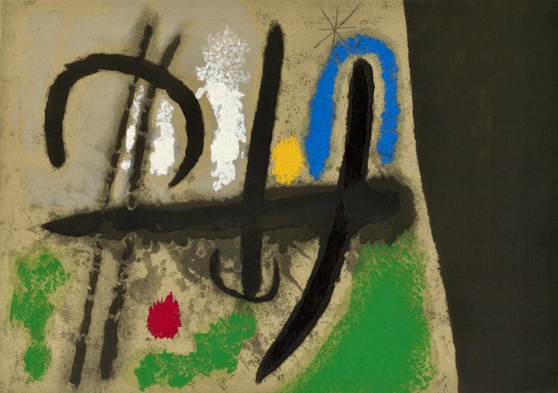 Joan Miro, Composition (Cramer 103; Mourlot 382-383), Miro Cartones 1956-1965, Limited Edition: Lithograph and stencil on velin paper. Paper size: 8.625 x 12.25 inches. Excellent condition. Inscription: Unsigned and unnumbered, as issued. Notes: From the album, Miro: Cartones, 1959-1965, October