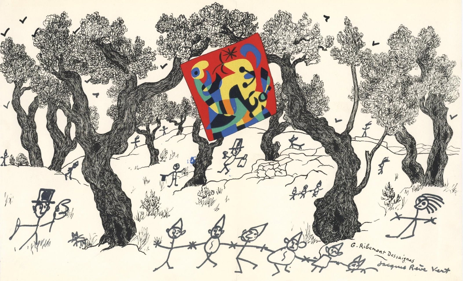 Joan Miro, Jacques Prevert, Composition (Cramer 39), Joan Miro, Limited Edition Lithograph: Lithograph on velin paper. Paper Size: 9 x 15 inches. Excellent condition, with centerfold, as issued. Inscription: Unsigned and unnumbered, as issued. Notes: From volume, Joan Miro by Jacques Prevert