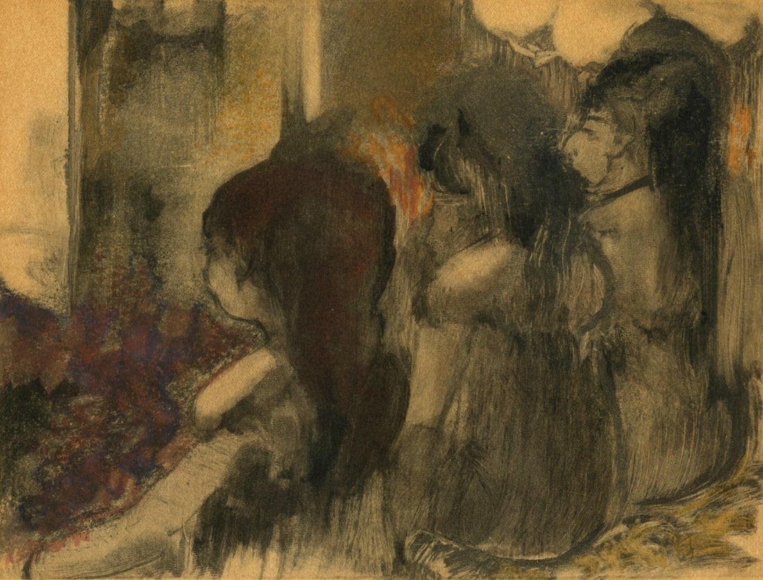 Edgar Degas, Trois Femmes de dos, E. Degas Monotypes, Limited Edition Monotype: Engraving on velin du Marais paper. Unsigned and unnumbered, as issued. Paper Size: 12.25 x 9.125 inches. Excellent condition. Notes: From the volume, E. Degas Monotypes, 1948. Published by Quatre Che