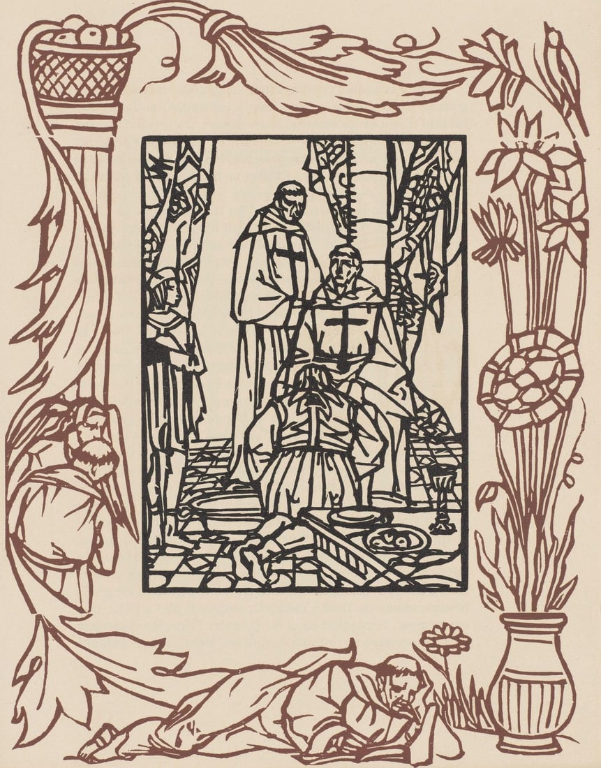 Emile Bernard, Composition (Morane, No. 100), Les Petites Fleurs de St. Francoise, Limited Edition: Wood engraving on verge d'Arches paper. Paper size: 12.8125 x 9.8125 inches. Excellent condition. Unsigned and unnumbered, as issued. Notes: From the volume, Les Petites Fleurs de St. Francois, 1928.