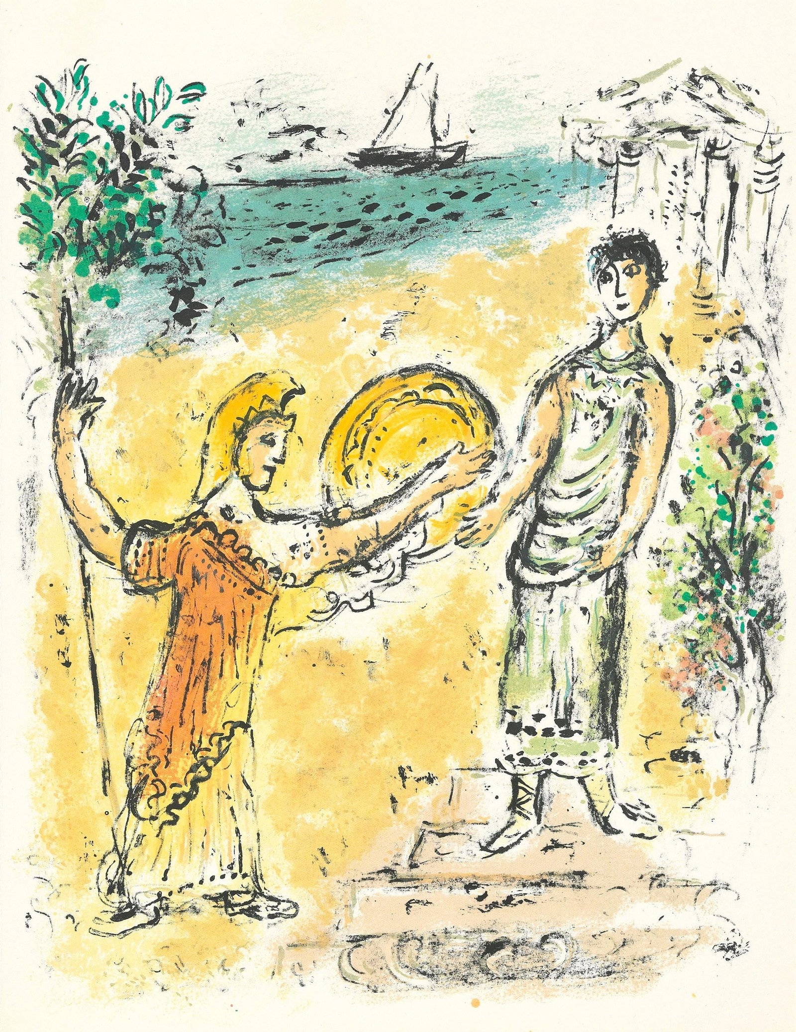 Marc Chagall, Athene und Telemachos, Homer, Die Odyssee, Limited Edition Lithograph: Lithograph on 250 g/m2 Butten Papierwerke Miliani AG, Fabriano paper. Paper Size: 14.88 x 11.69 inches. Inscription: Unsigned and unnumbered, as issued. Condition: Very good/excellent, consistent