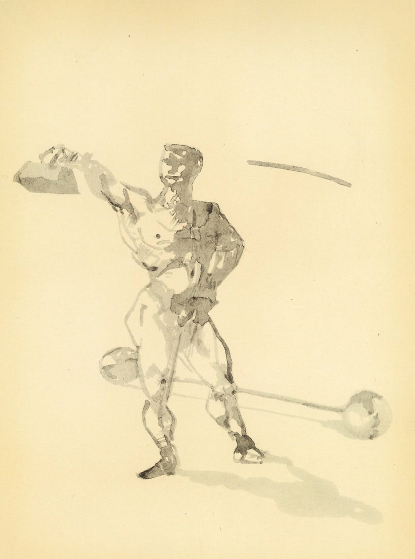 Henri de Toulouse-Lautrec, Travail des poids, The Circus by Toulouse-Lautrec, Limited Edition: Lithograph on velin paper. Unsigned and unnumbered. Paper Size: 12.125 x 9.25 inches. Excellent condition. Notes: From the album, The Circus by Toulouse-Lautrec, 1952. Published the Paris Book Center,