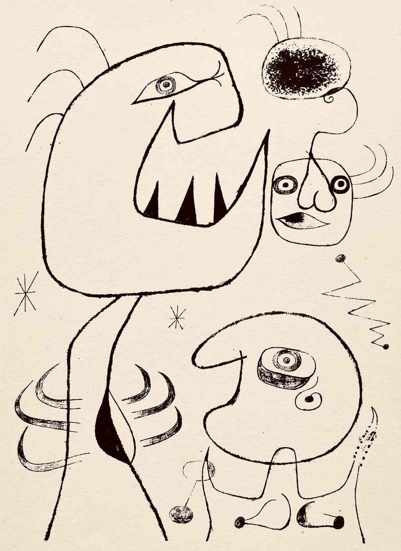 Joan Miro, Composition, The Prints of Joan Miro, Limited Edition Etching: Etching on velin paper. Inscription: Unsigned and unnumbered, as issued. Paper Size: 11 x 8.5 inches. Excellent condition. Notes: From the folio, The Prints of Joan Miro, Fall, 1947. Published by Curt