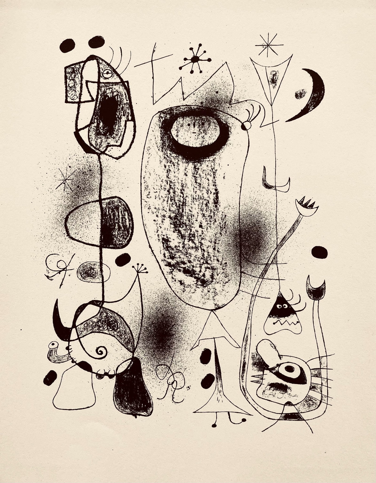 Joan Miro, Composition, The Prints of Joan Miro, Limited Edition Etching: Etching on velin paper. Inscription: Unsigned and unnumbered, as issued. Paper Size: 11 x 8.5 inches. Excellent condition. Notes: From the folio, The Prints of Joan Miro, Fall, 1947. Published by Curt
