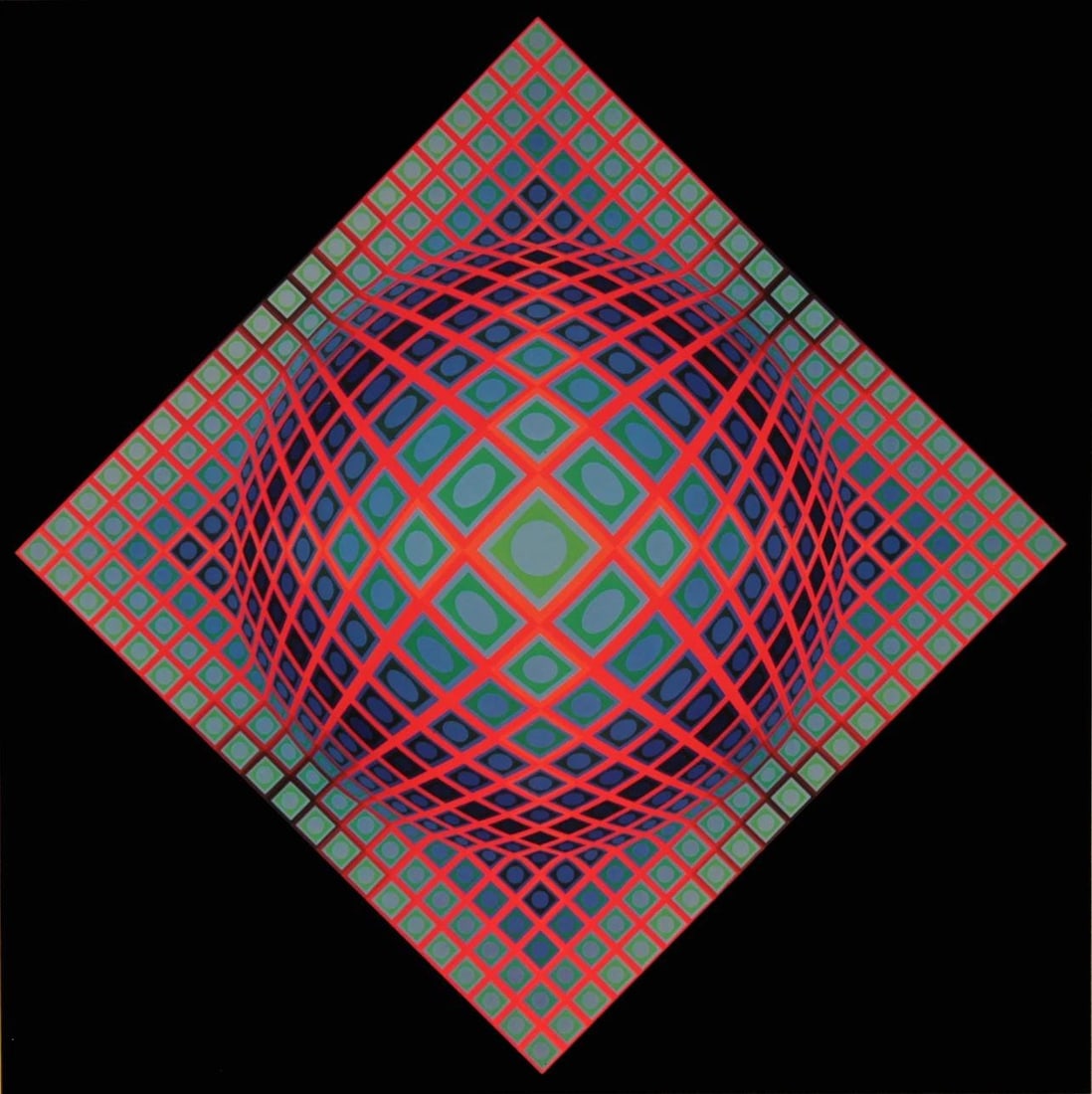 Victor Vasarely, Composition, Vega, Limited Edition Heliogravure: Heliogravure on 280 gm M2 gloss paper. Paper Size: 10.63 x 10.63 inches. Excellent condition. Notes: From the folio, Vega, 1976. Published and printed by Editions du Griffon, Neuchatel, Switzerland, 1