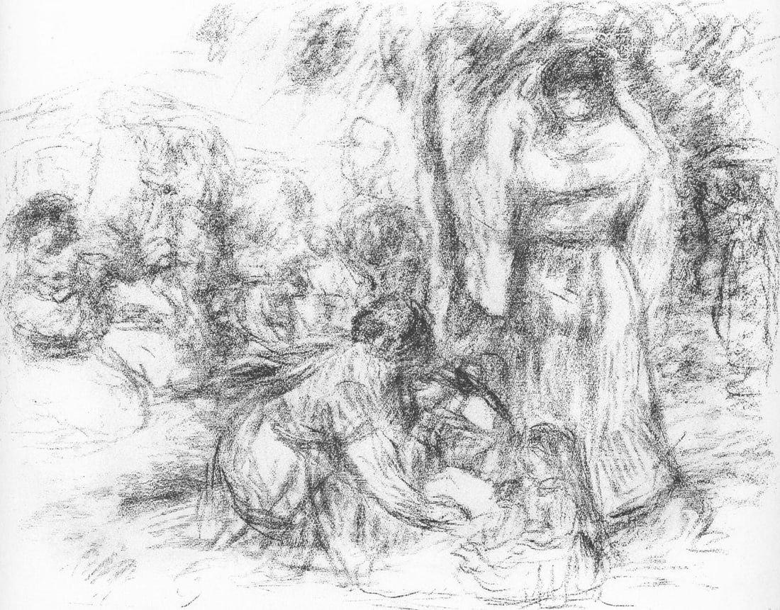 Pierre-Auguste Renoir, Les Laveuses, Les Lithographies de Renoir, Limited Edition Lithograph: Lithograph on grand velin Renage filigrane a la marque de l'editeur paper. Inscription: Unsigned and unnumbered, as issued. Paper Size: 12.5 x 9.5 inches; image size: 6.69 x 9.05 inches. Condition: Ve