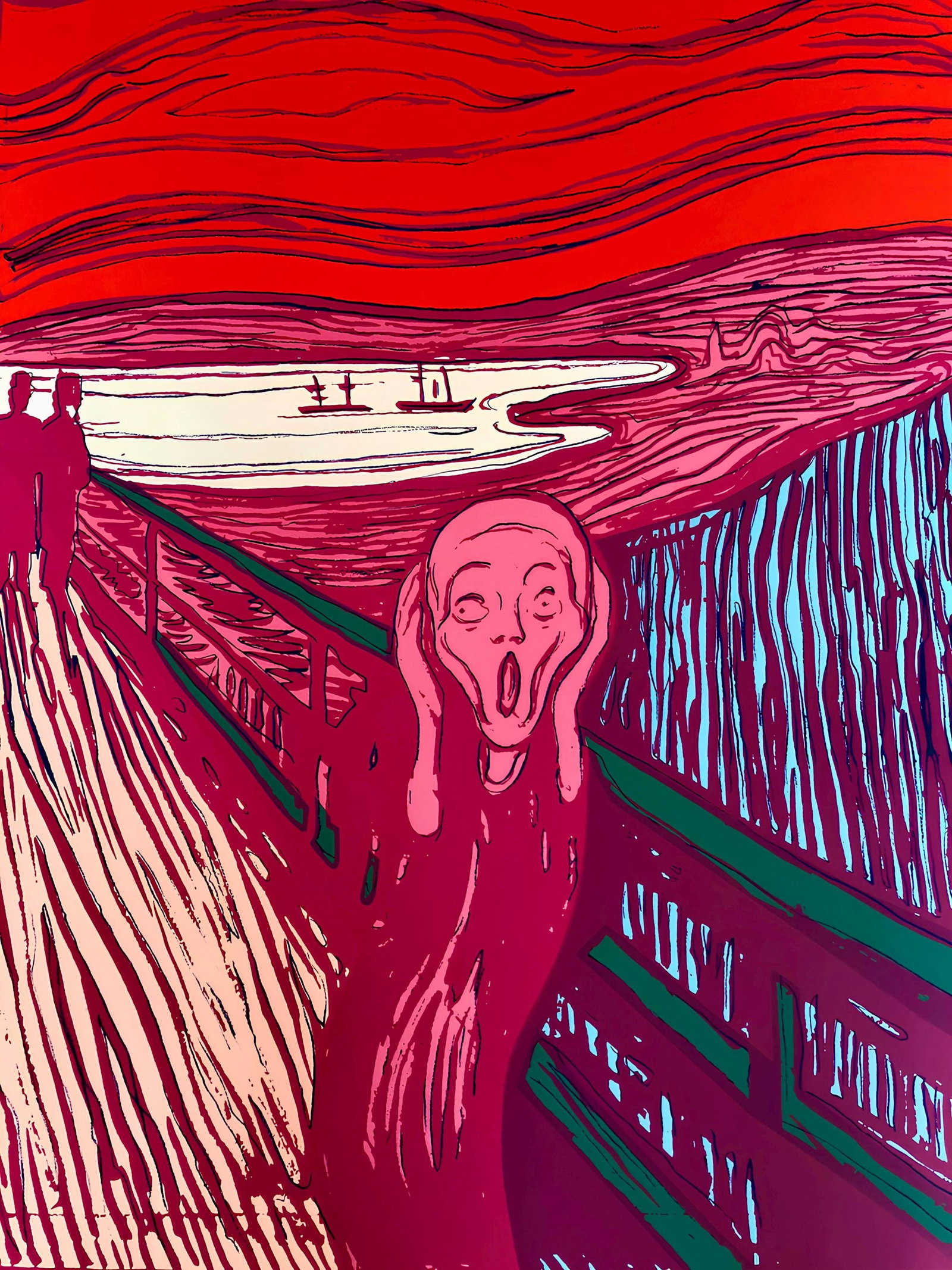 Andy Warhol, The Scream (after Edvard Munch), Pink, Official Limited Edition, Sunday B. Morning,: Official edition, Andy Warhol, Sunday B. Morning, silkscreen on museum board. Paper Size: 36.6 x 25.6 inches. Excellent condition. Inscription: Numbered in pencil, "published by Sunday B. Morning", an