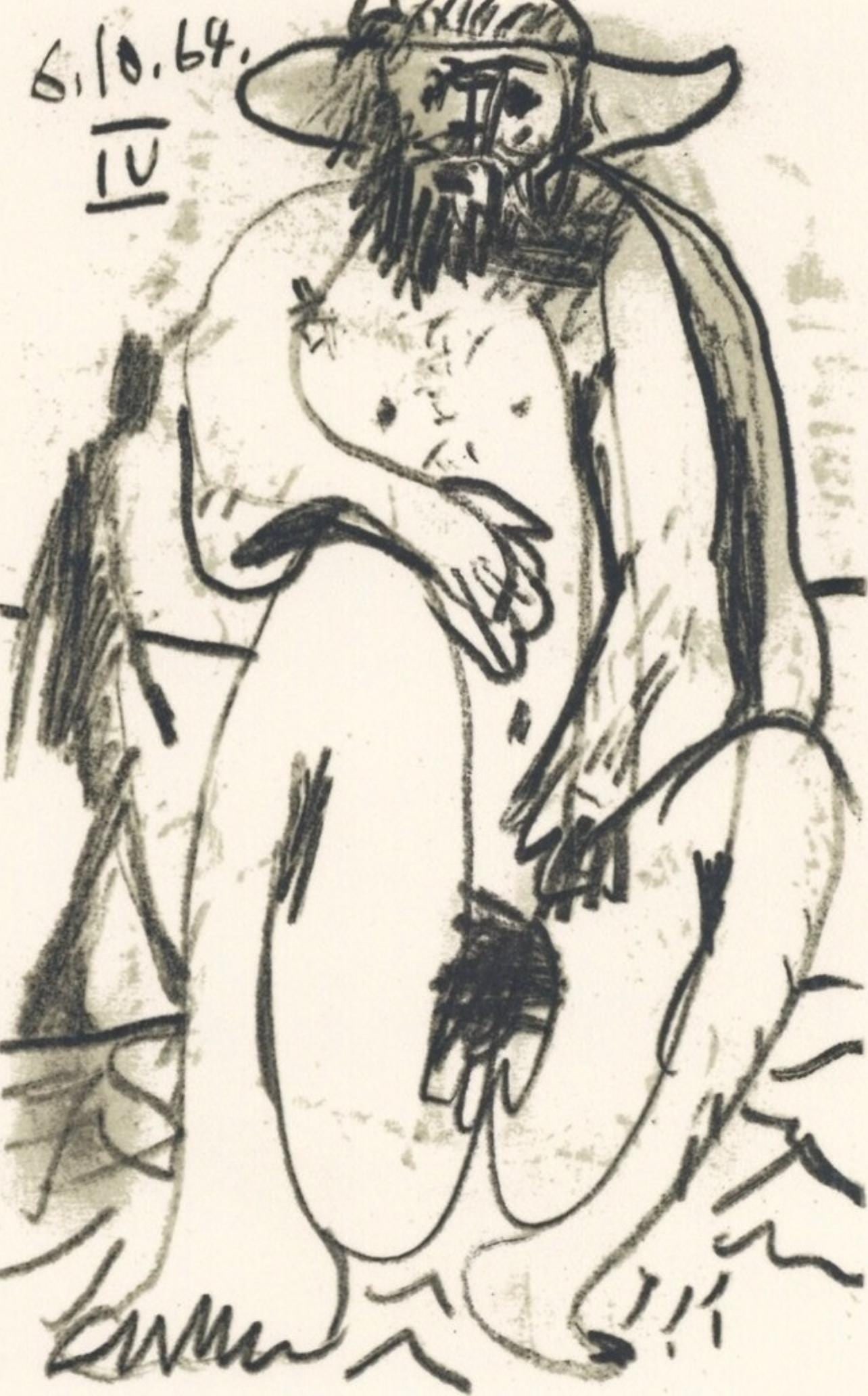 Pablo Picasso, 6.10.64. IV (Cramer 148), Le Gout du Bonheur, Limited Edition Mixed Media Lithograph: Lithograph and silkscreen with grease crayon, lithographic tusche, lead pencil, charcoal on velin d'Arches paper. Paper size: 12.8 x 9.84 inches. Inscription: Unsigned and unnumbered, as issued. Catal