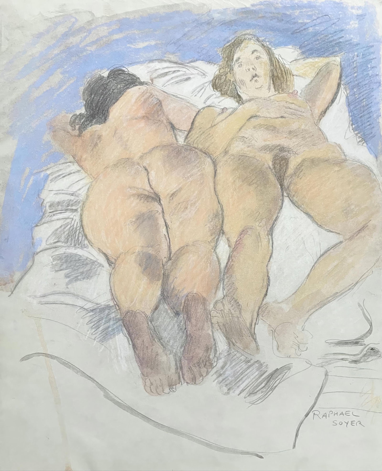 Raphael Soyer, Two Reclining Nudes, Original Pastel Oil Crayon, Graphite, and Watercolor Drawing,: Pastel oil crayon, watercolor and graphite on watercolor paper. Paper Size: 17 x 14 inches. Inscription: Hand signed, recto, as issued. Condition: Very good/excellent, consistent with age. Notes: Draw