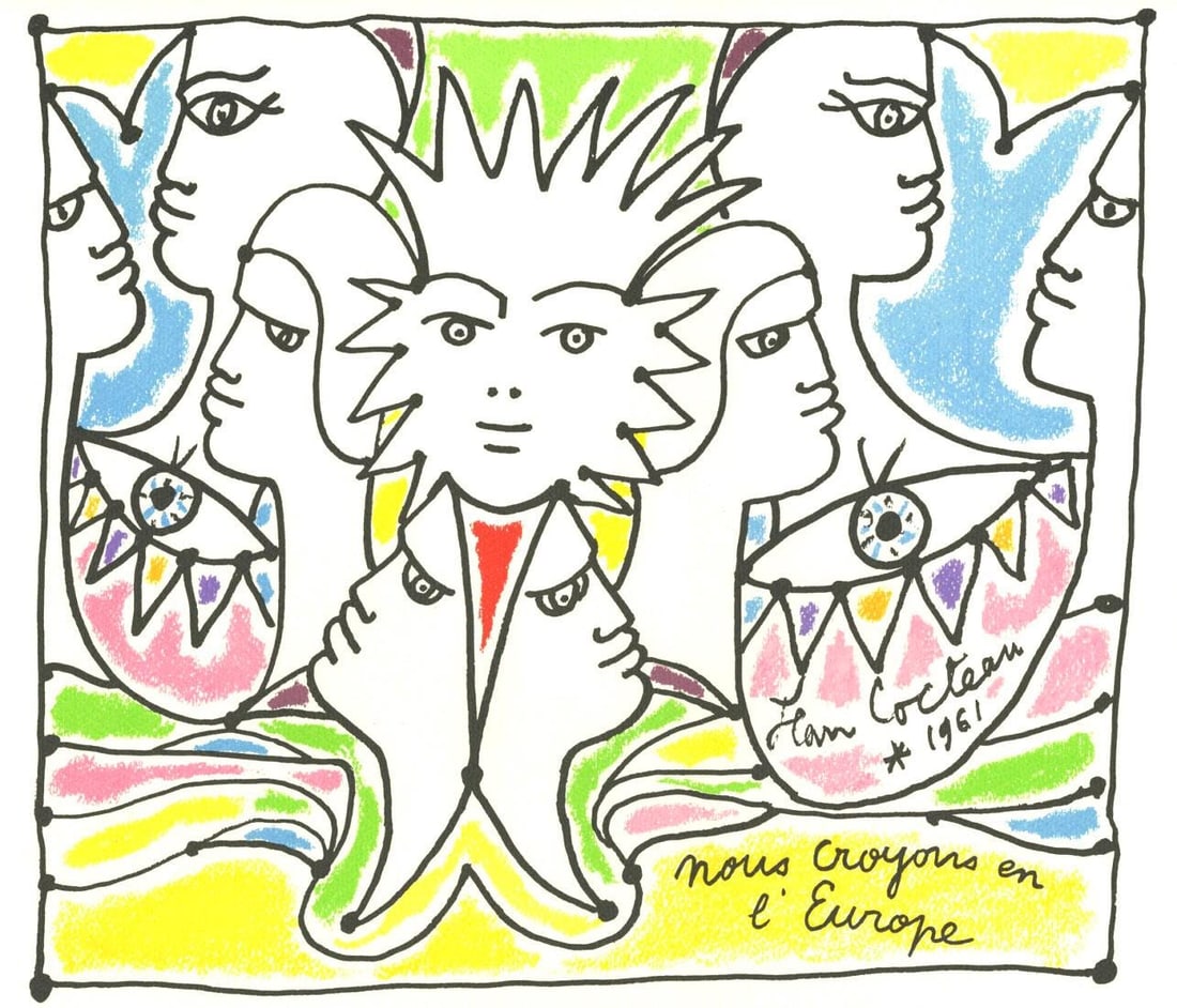 Jean Cocteau, Composition, Nous croyons en l'Europe, Limited Edition Silkscreen: Silkscreen on velin papier Ingres de chez Arjomari-Prioux paper. Paper size: 12.99 x 17.32 inches. Excellent condition. Inscription: signed in the plate and unnumbered, as issued. Notes: from the foli