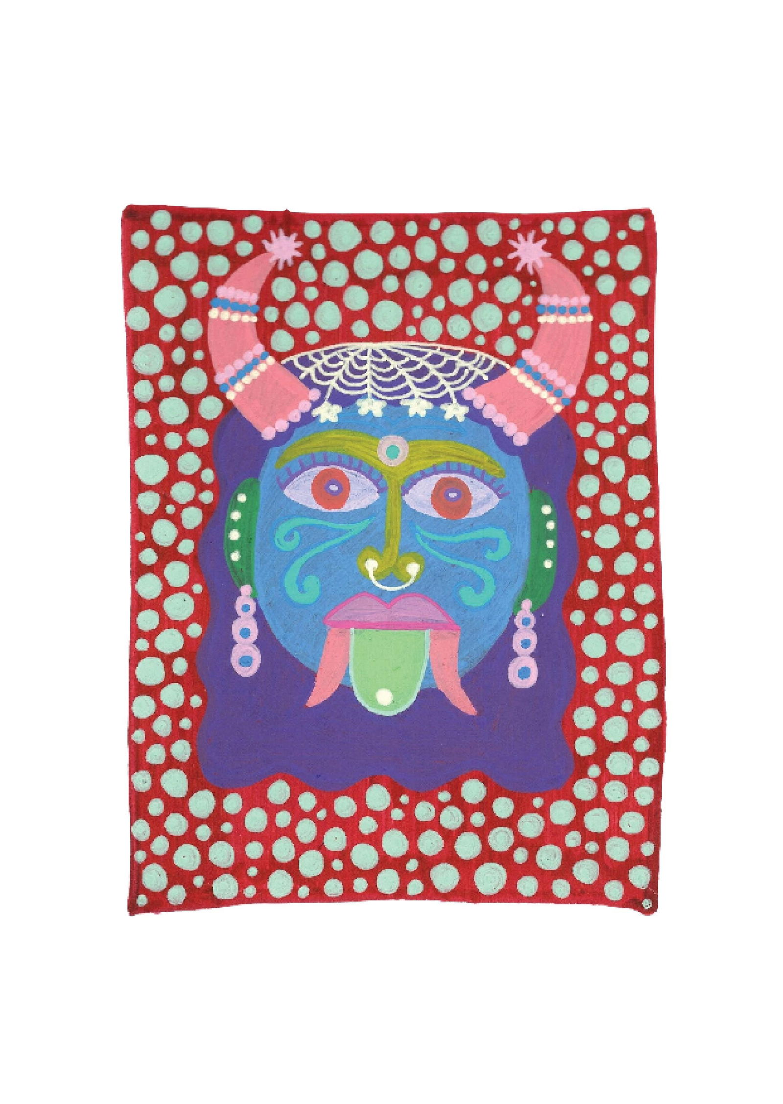 Evil Eye Mask 9: Inspired by the South Indian Drishti Bommai mask; a protective talisman traditionally represented as a doll; this artwork draws from a visual language widely seen across South India. These figures are
