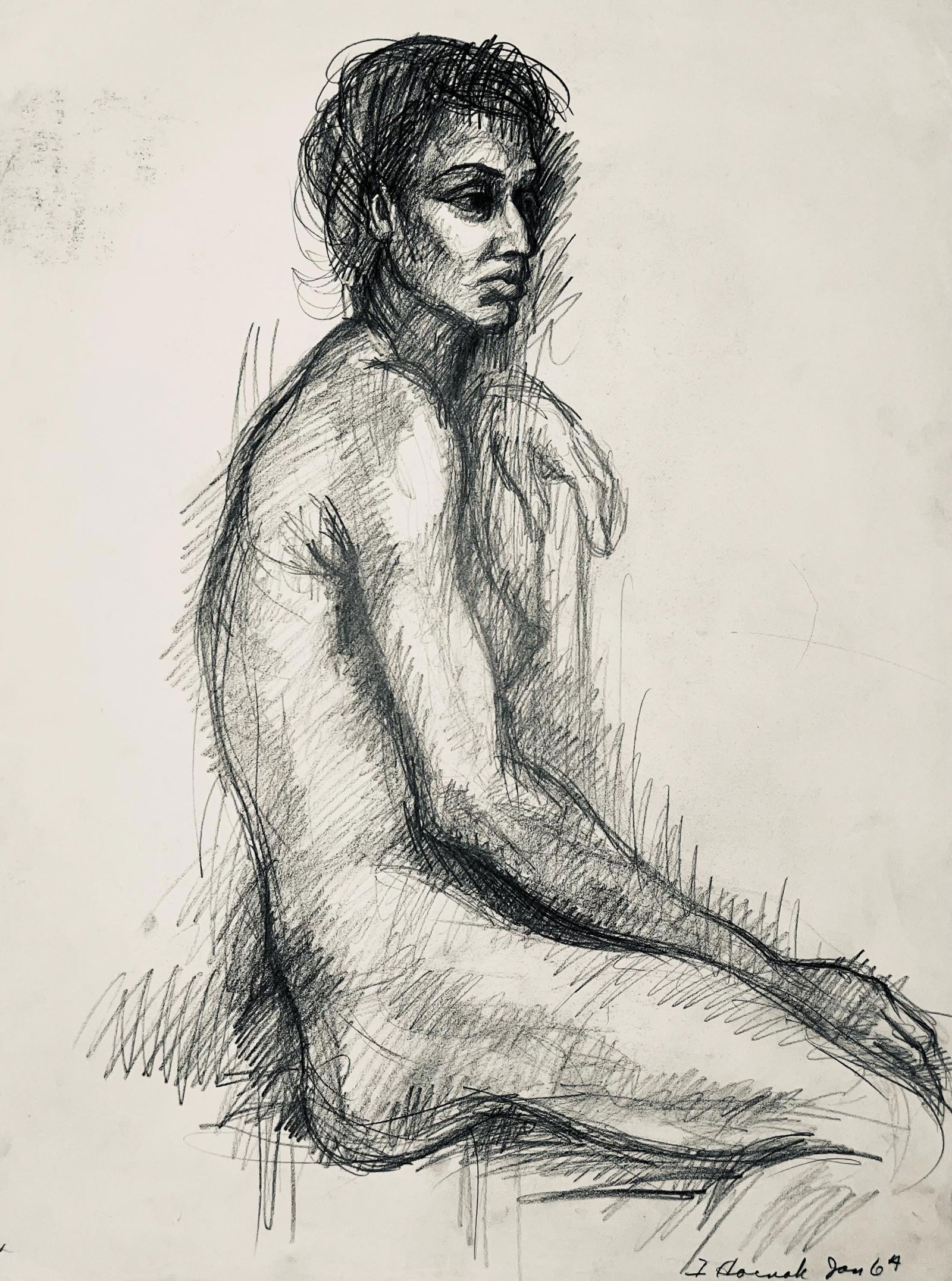 Ian Hornak, Renaissance Female Nude Figure Study, 1963, Original Drawing: Charcoal on velin paper, circa 1963. Paper Size: 23 x 18 inches. Good condition, consistent with age. Inscription: Unsigned, Estate stamped, verso. Provenance: Estate of Ian Hornak, East Hampton. Note