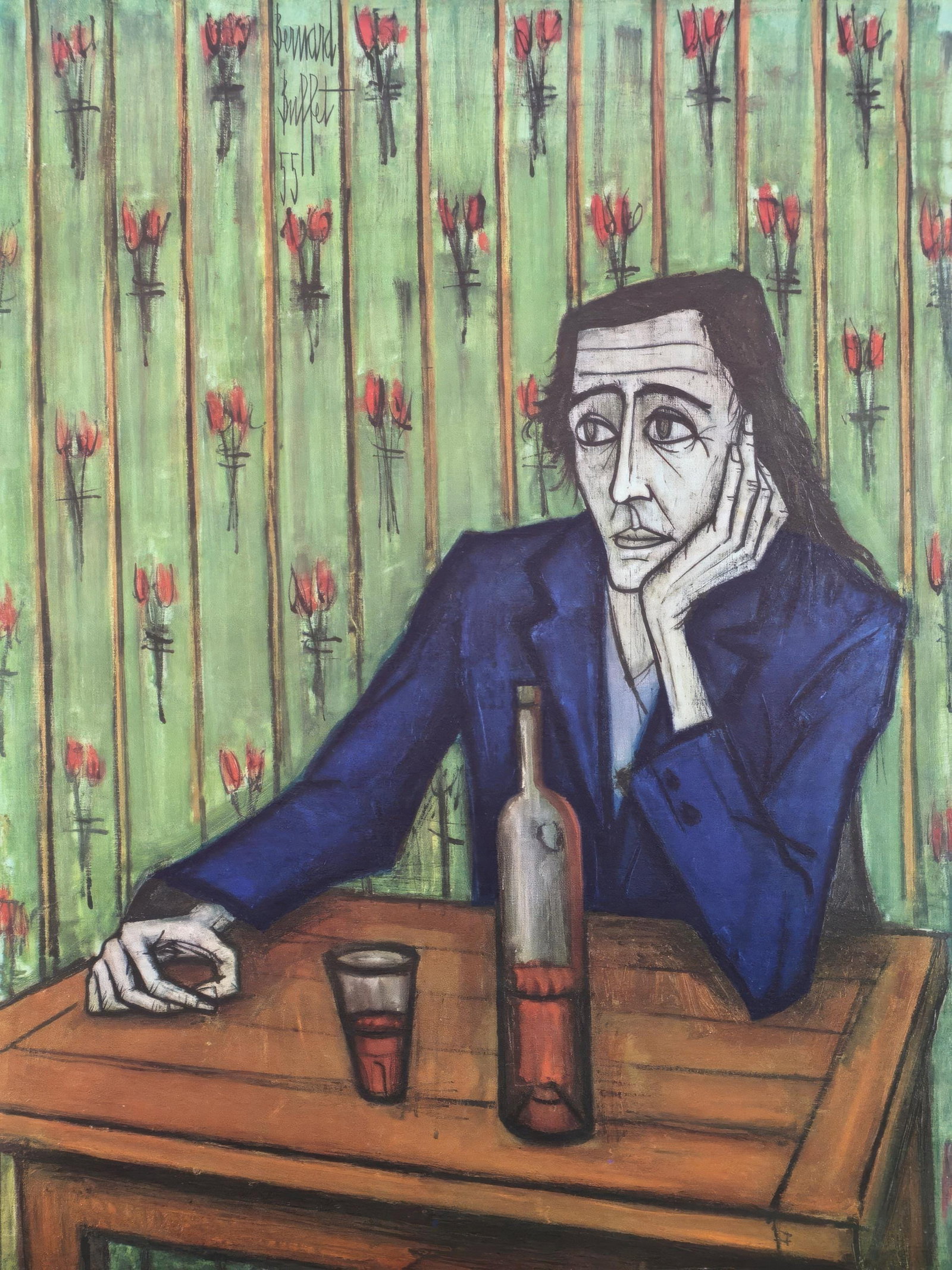 Bernard Buffet, Woman with a Glass of Wine, from Painters of Today, Limited Edition Heliogravure,: This exquisite heliogravure by Bernard Buffet (1928-1999), titled Femme au verre de vin (Woman with a Glass of Wine), from the folio Bernard Buffet, Peintres d'aujourd'hui (Bernard Buffet, Painters of