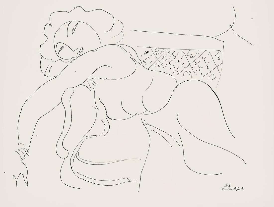 Henri Matisse, Serie D, var. 8 (Duthuit 9), Henri Matisse, Dessins, Themes et variations, Limited: Lithograph on velin pur fil paper. Paper Size: 9.625 x 12.875 inches. Excellent condition. Inscription: Signed in the plate and unnumbered, as issued. Notes: From the folio, Henri Matisse, Dessins,