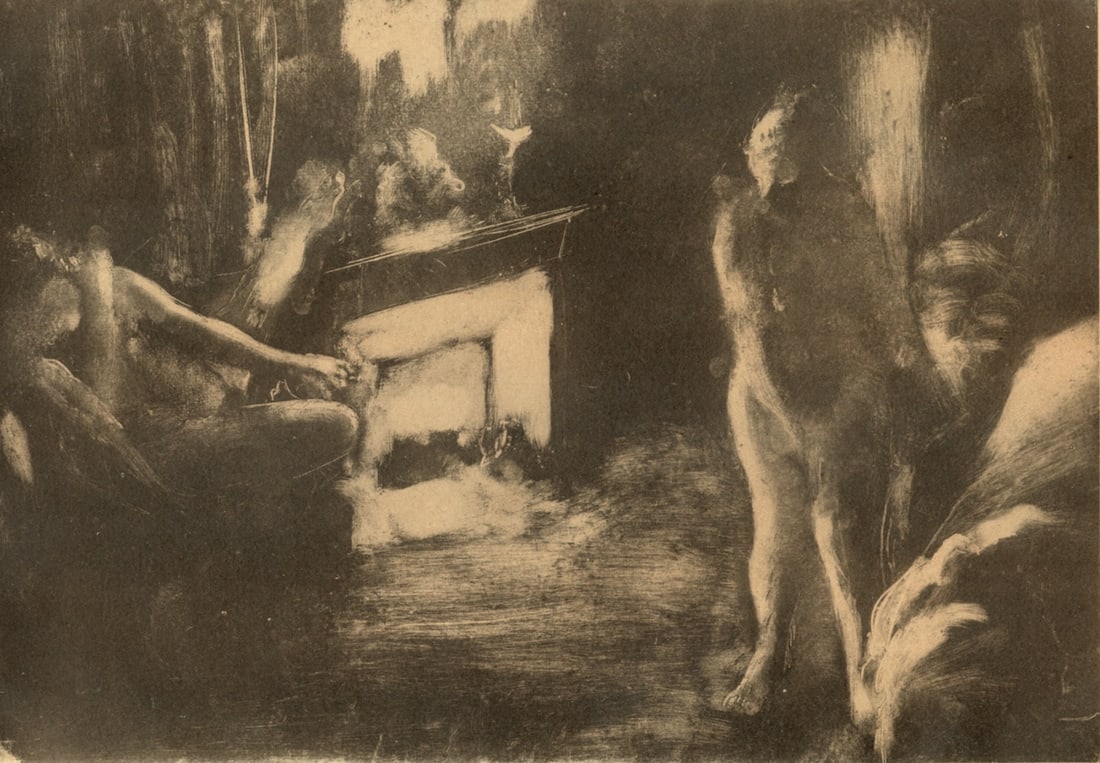 Edgar Degas, Devant la Cheminee, E. Degas Monotypes, Limited Edition Monotype: Engraving on velin du Marais paper. Unsigned and unnumbered, as issued. Paper Size: 12.25 x 9.125 inches. Excellent condition. Notes: From the volume, E. Degas Monotypes, 1948. Published by Quatre Che