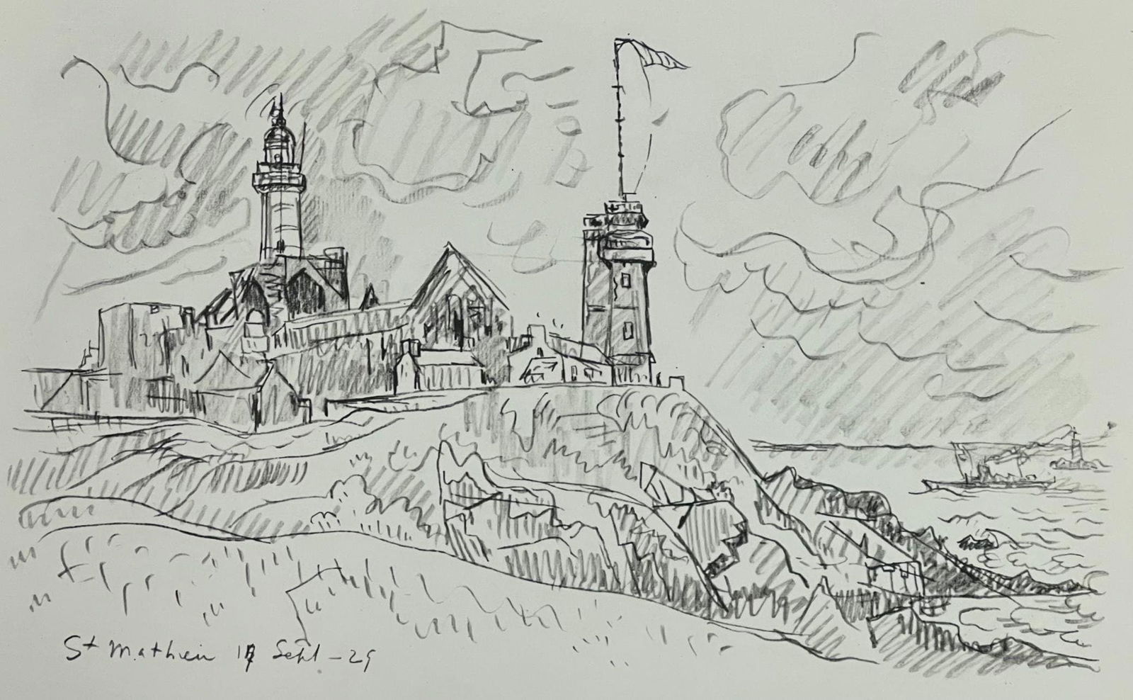 Paul Signac, St-Matthieu. Le Semaphore, Signac Dessins, Limited Edition Lithograph: Lithograph on velin de Lana paper. Paper size: 9.75 x 12.5 inches. Excellent condition. Inscription: Unsigned and unnumbered, as issued. Notes: From the album, Signac Dessins, 1950. Published by Georg