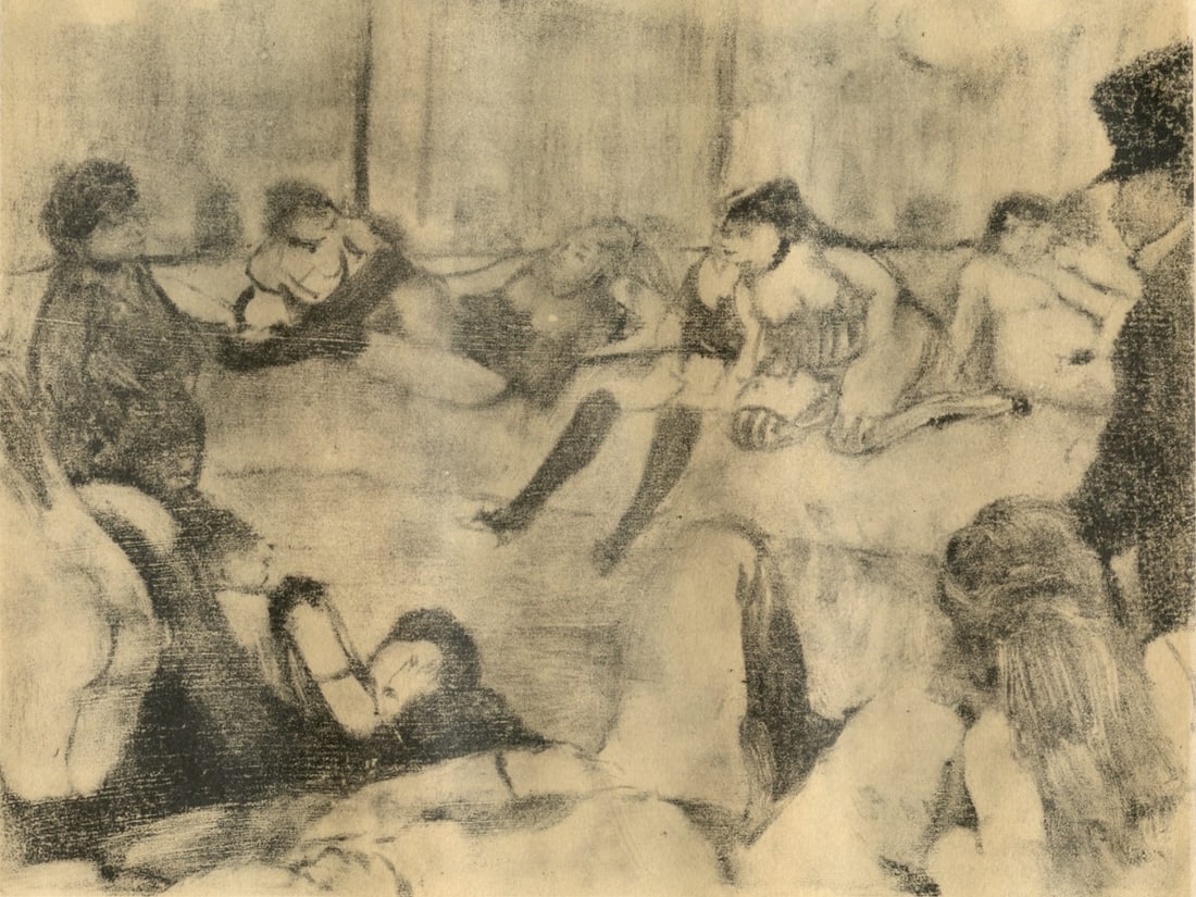 Edgar Degas, Au Salon, E. Degas Monotypes, Limited Edition Monotype: Engraving on velin du Marais paper. Unsigned and unnumbered, as issued. Paper Size: 12.25 x 9.125 inches. Excellent condition. Notes: From the volume, E. Degas Monotypes, 1948. Published by Quatre Che