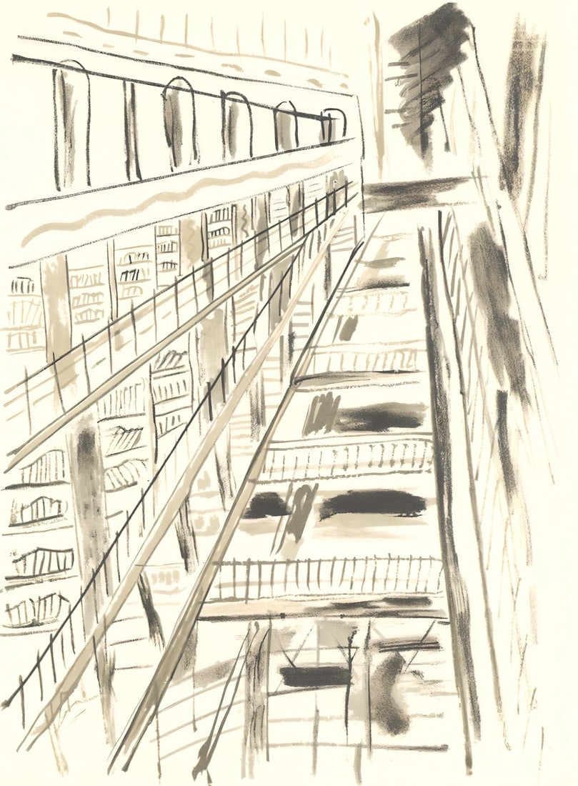 Fernand Leger, Composition, mes voyages: Lithograph on velin bouffant des Papeteries de Hauteville paper. Paper Size: 13.78 x 9.84 inches. Excellent condition. Unsigned and unnumbered, as issued. Notes: From the folio, Fernand Leger mes voya