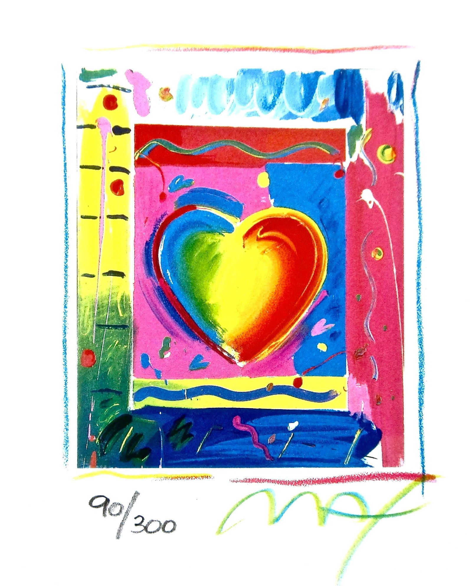 Peter Max, Heart Series III, Hand Signed, Official Limited Edition Lithograph: Lithograph in colors on Coventry Smooth paper. Paper size: 5 x 4 inches. Inscription: Hand signed by Peter Max and numbered, as issued. Condition: Excellent. Notes: Published and printed by Via Max, I