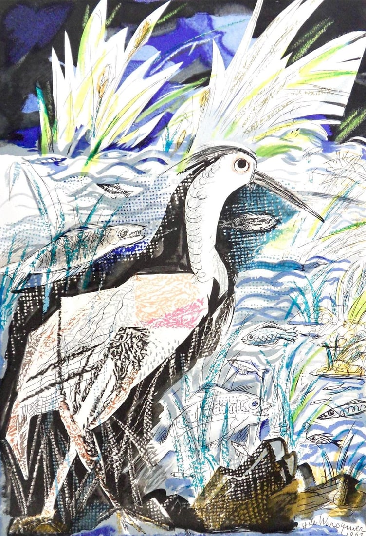 Henri de Waroquier, Heron au bord de la rivie, Vingt fables de La fontaine, Limited Edition Woodcut: Woodcut on velin d'Arches paper. Paper size: 15 x 10.75 inches. Excellent condition. Inscription: signed in the plate and unnumbered, as issued. Notes: from the folio, Vingt fables de La fontaine, 196