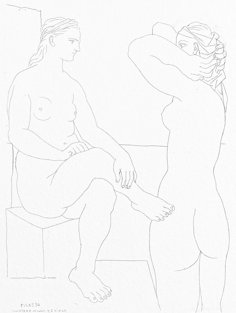 Pablo Picasso, Deux Modeles se regardant, Suite Vollard, Fac-simile Signed, Limited Edition: Lithograph on velin blanc narcisse, verge canton, 200 g/m2 Richard de Bas paper. Paper size: 18 x 12.75 inches. Inscription: Fac-simile signed and hand numbered, as issued. Condition: Excellent. Notes
