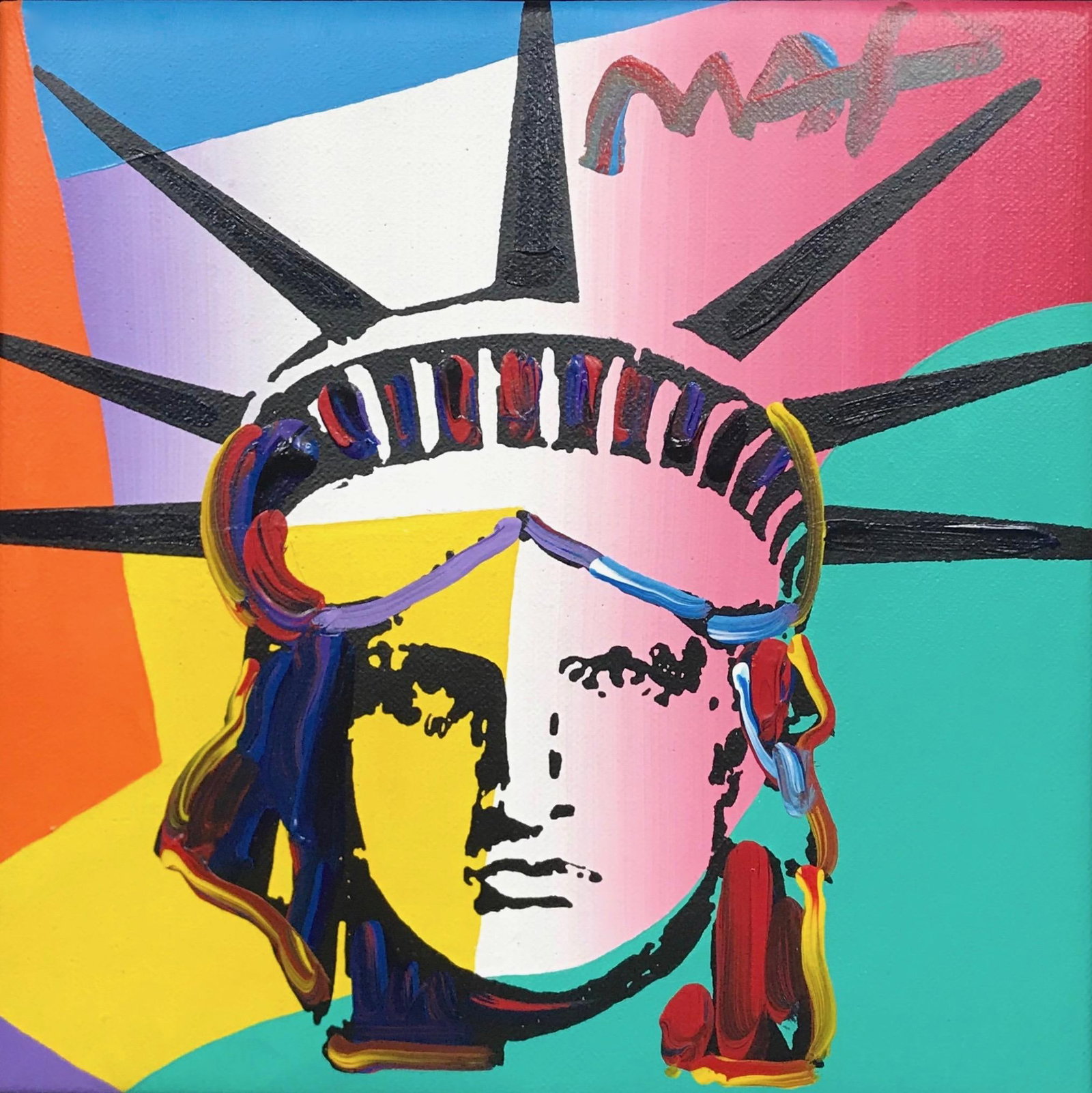 Peter Max, Liberty Head, Hand Signed, Acrylic Painting: Acrylic on cotton duck cloth canvas. Canvas size: 8 x 8 inches. Inscription: Hand signed, as issued. Condition: Excellent. Notes: Registered #326109, in the Peter Max Archive, New York, 2011. PETER MA