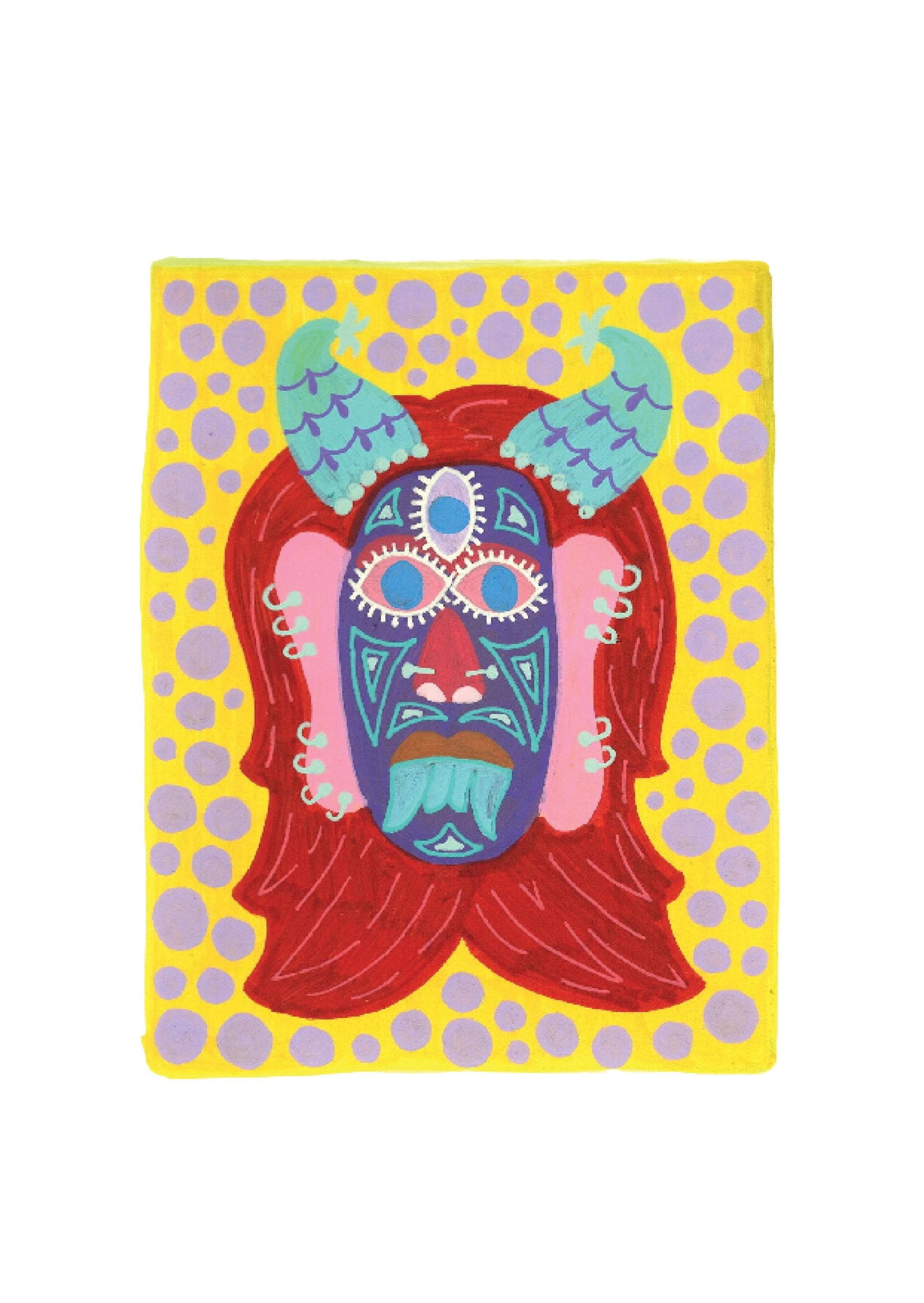 Evil Eye Mask 19: Inspired by the South Indian Drishti Bommai mask; a protective talisman traditionally represented as a doll; this artwork draws from a visual language widely seen across South India. These figures are