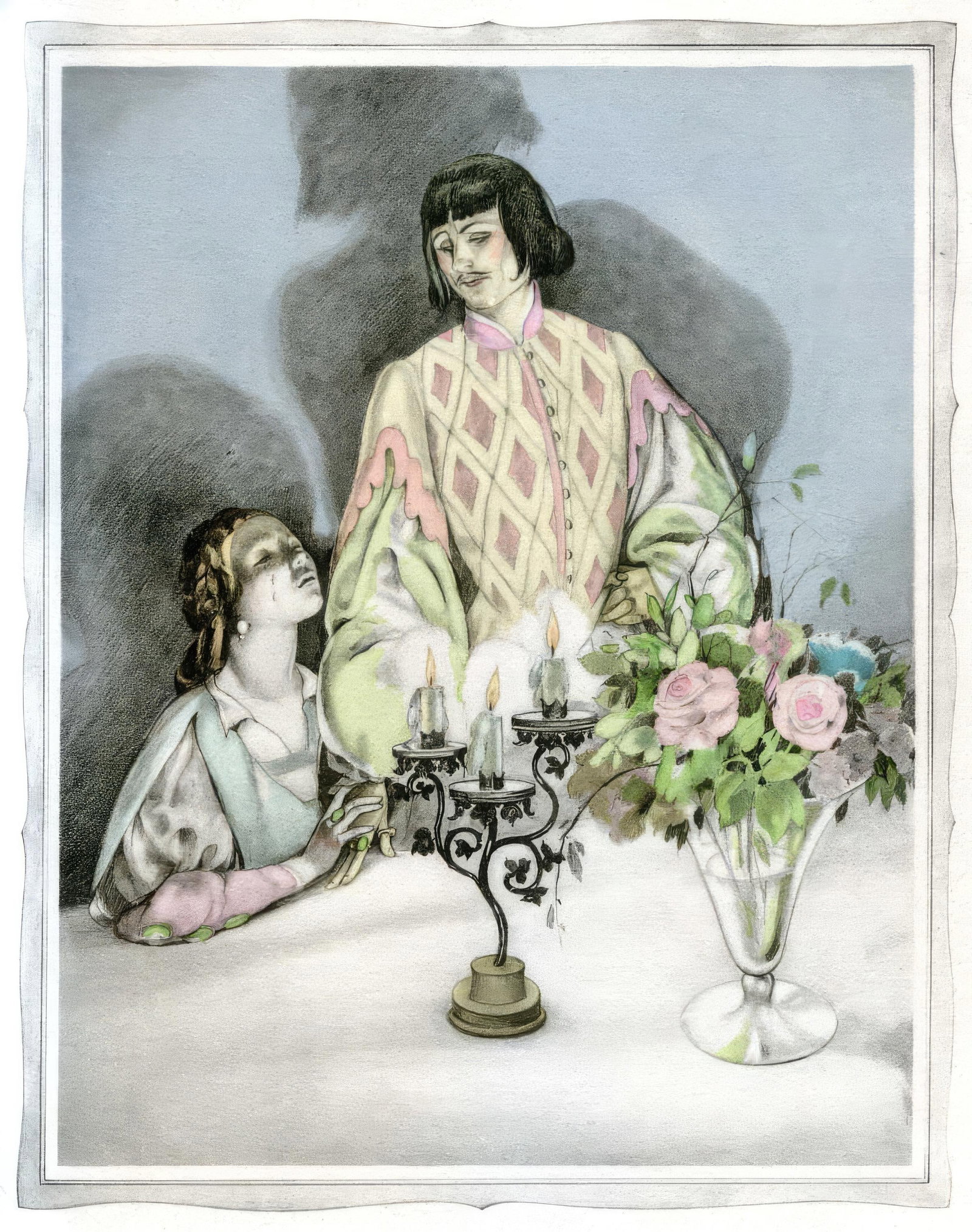 Umberto Brunelleschi, Composition, La Lecon d'amour dans un parc, Limited Edition Lithograph: Lithograph and stencil on velin d'Arches paper. Paper size: 13.11 x 10.039 inches. Excellent condition. Unsigned and unnumbered, as issued. Notes: From the volume, La Lecon d'amour dans un parc, 1933.