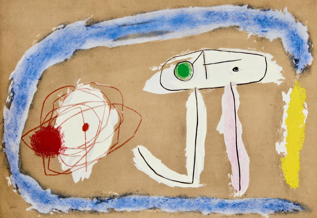 Joan Miro, Composition (Cramer 103; Mourlot 382-383), Miro Cartones 1956-1965, Limited Edition: Lithograph and stencil on velin paper. Paper size: 8.625 x 12.25 inches. Excellent condition. Inscription: Unsigned and unnumbered, as issued. Notes: From the album, Miro: Cartones, 1959-1965, October