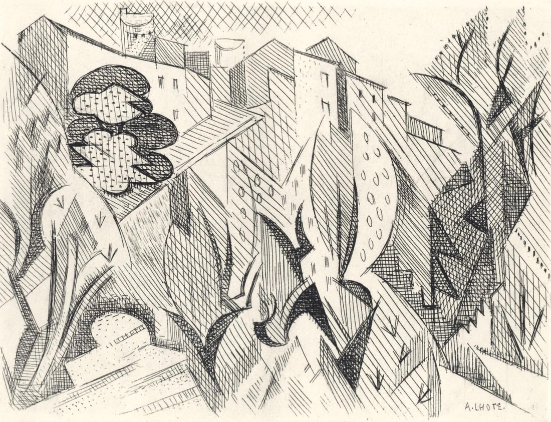 Andre Lhote, Composition, Alternance, Limited Edition Etching: Etching on velin pur chiffon de Rives paper. Unsigned and unnumbered. Paper Size: 9.875 x 12.875 inches. Excellent condition. Notes: From the folio, Alternance, 1946. Published by Le Gerbier, Paris; p