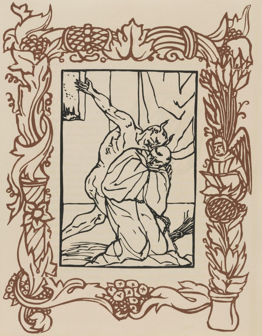 Emile Bernard, Composition (Morane, No. 100), Les Petites Fleurs de St. Francoise, Limited Edition: Wood engraving on verge d'Arches paper. Paper size: 12.8125 x 9.8125 inches. Excellent condition. Unsigned and unnumbered, as issued. Notes: From the volume, Les Petites Fleurs de St. Francois, 1928.
