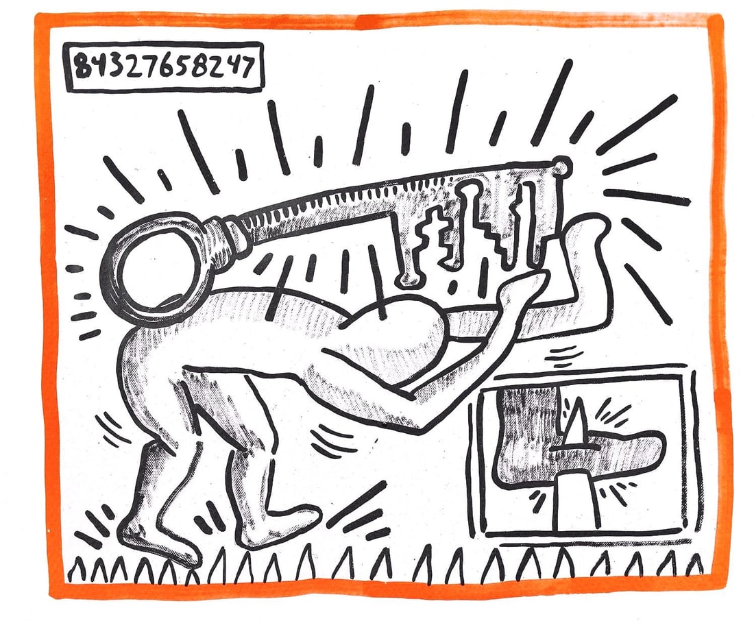 Keith Haring, Composition, Against All Odds, Limited Edition Lithograph: Lithograph on acid-free Rivoli paper. Paper Size: 8.5 x 10.3 inches. Inscription: Unsigned and unnumbered, as issued. Condition: Very good/excellent, consistent with age. Notes: From the album, Agains